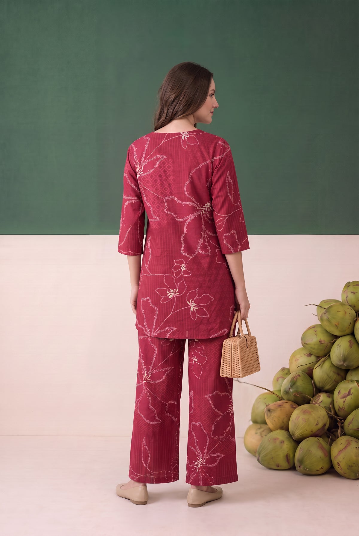 Red Abstract Floral Printed Cotton Flex Loungewear Top Set