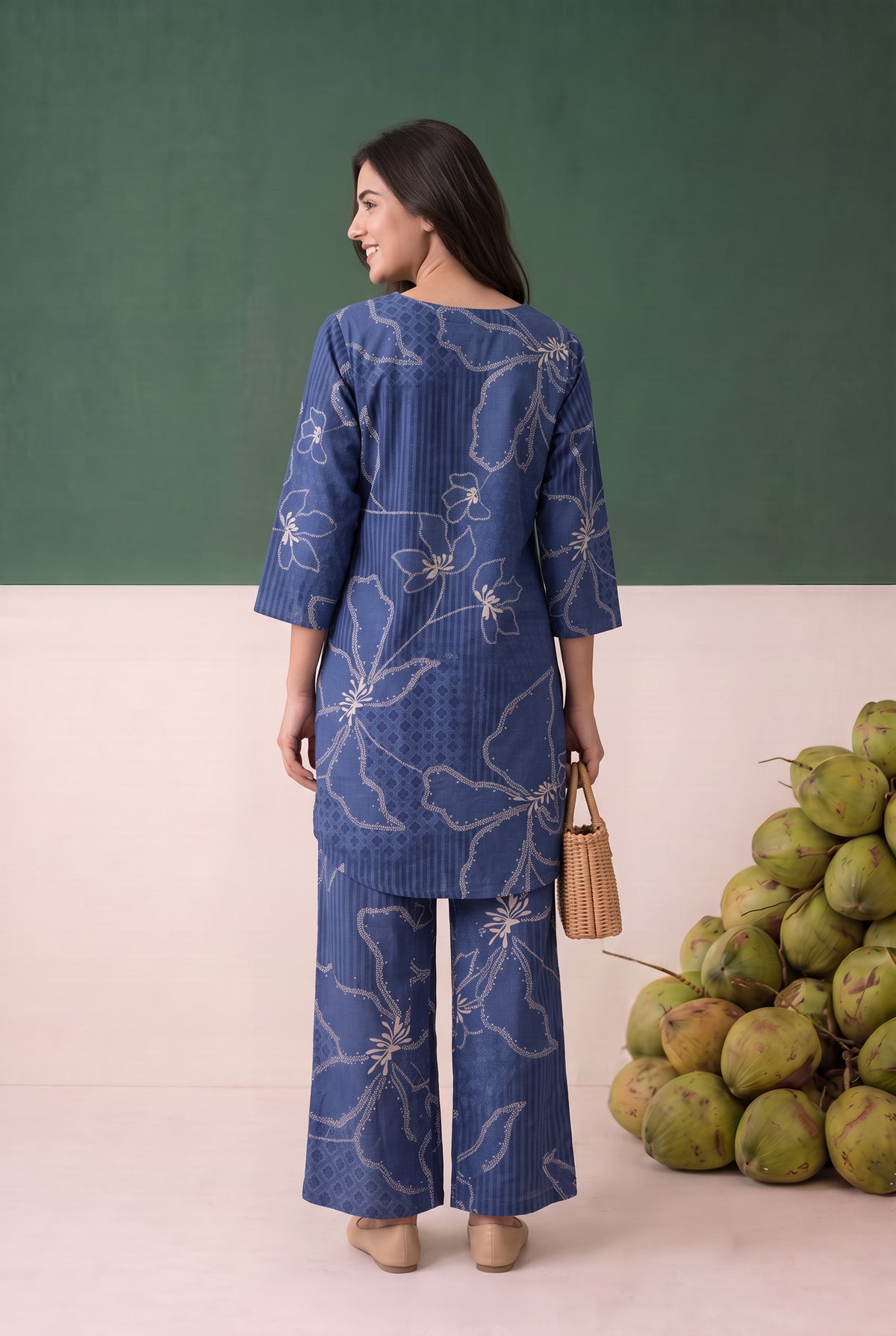 Blue Abstract Floral Printed Cotton Flex Loungewear Top Set