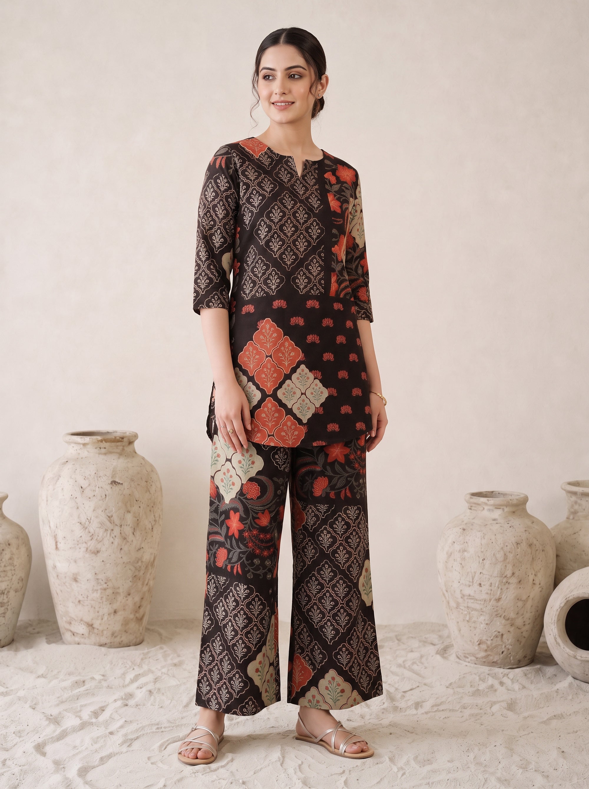 Black Ethnic Traditional Print Top and Pant Cotton Co-ord Set