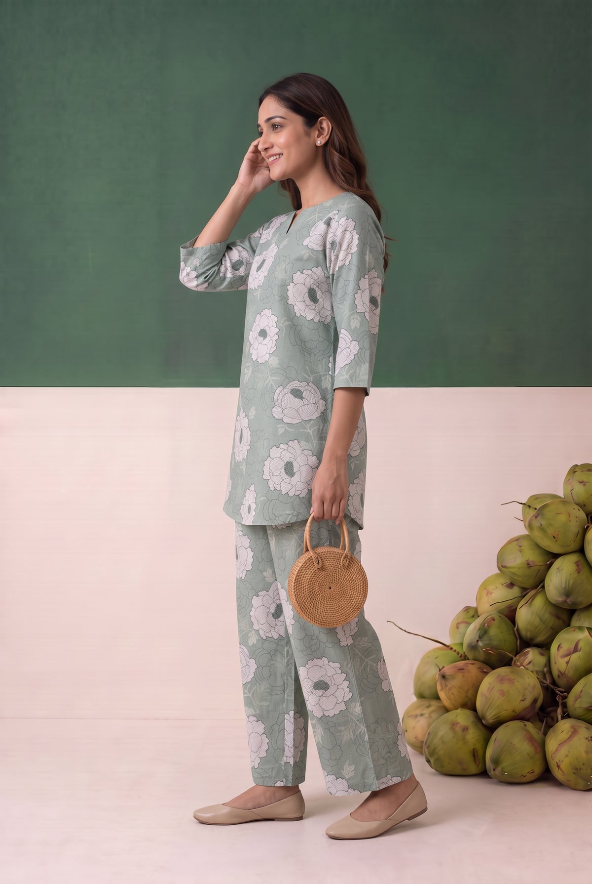Green All Over Floral Printed Cotton Loungewear Top Set