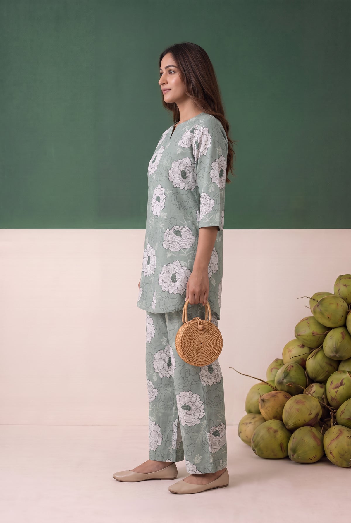 Green All Over Floral Printed Cotton Loungewear Top Set