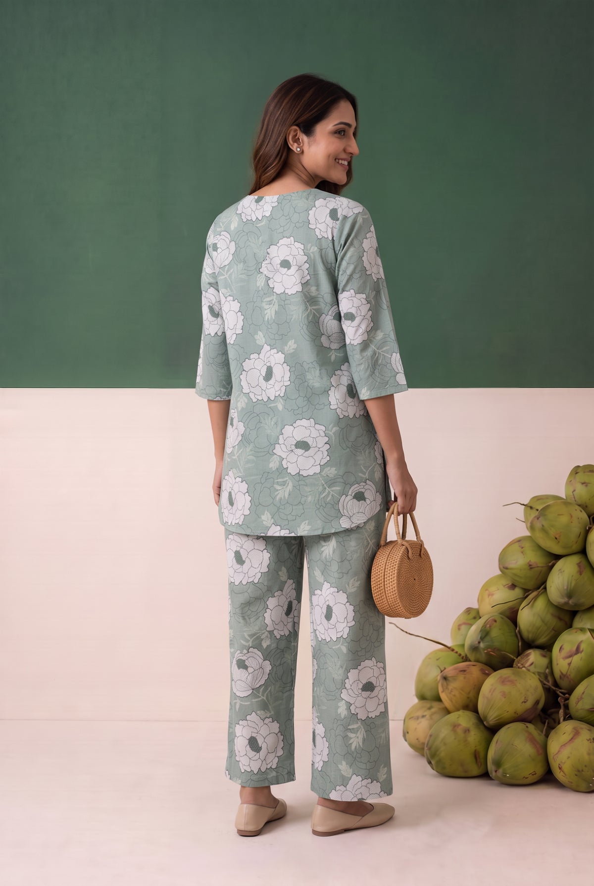 Green All Over Floral Printed Cotton Loungewear Top Set