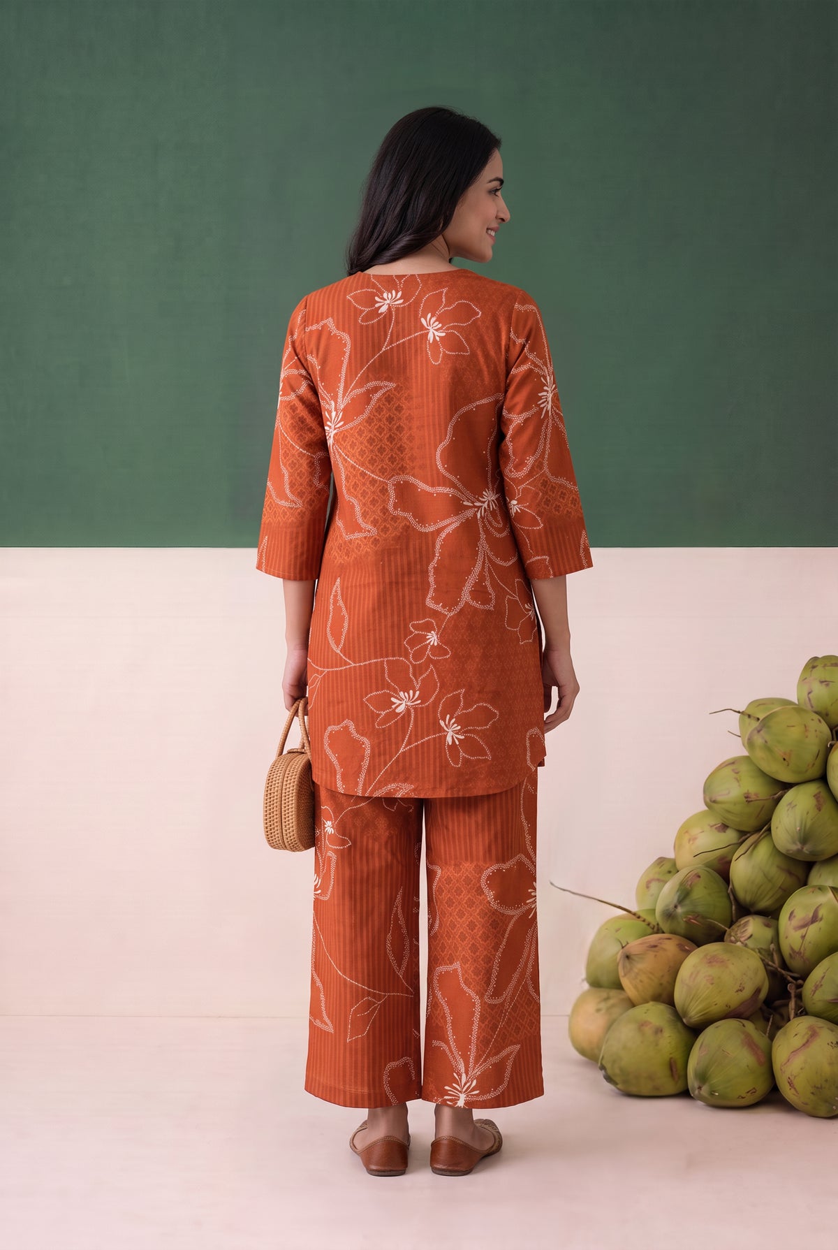 Rust Floral Pattern Line Printed Cotton Flex Co-ord Set