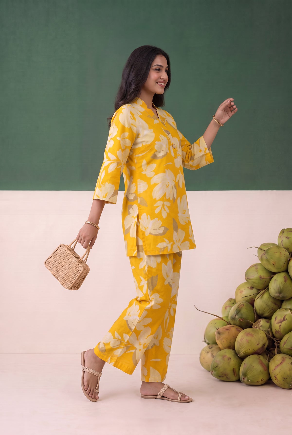 Yellow Floral Printed Cotton Co-ord Set