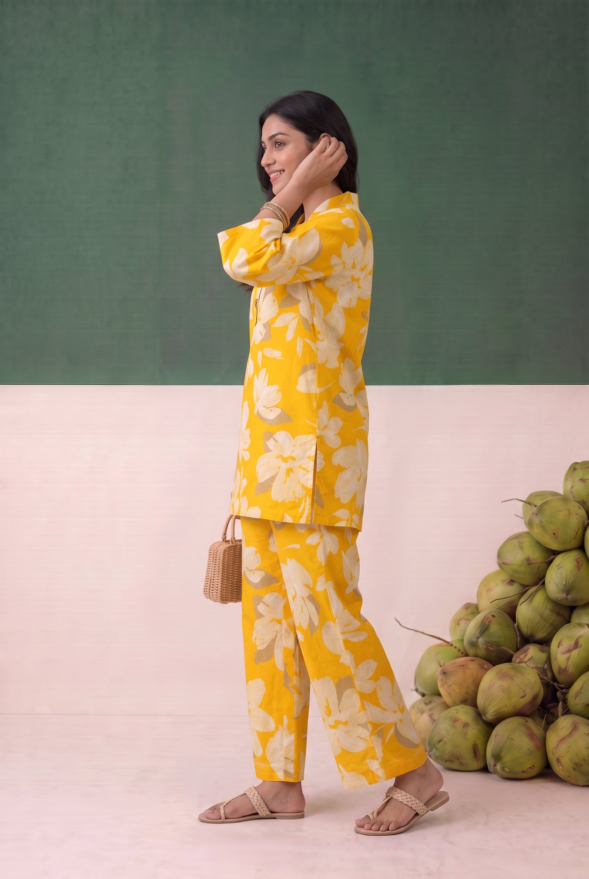 Yellow Floral Printed Cotton Co-ord Set
