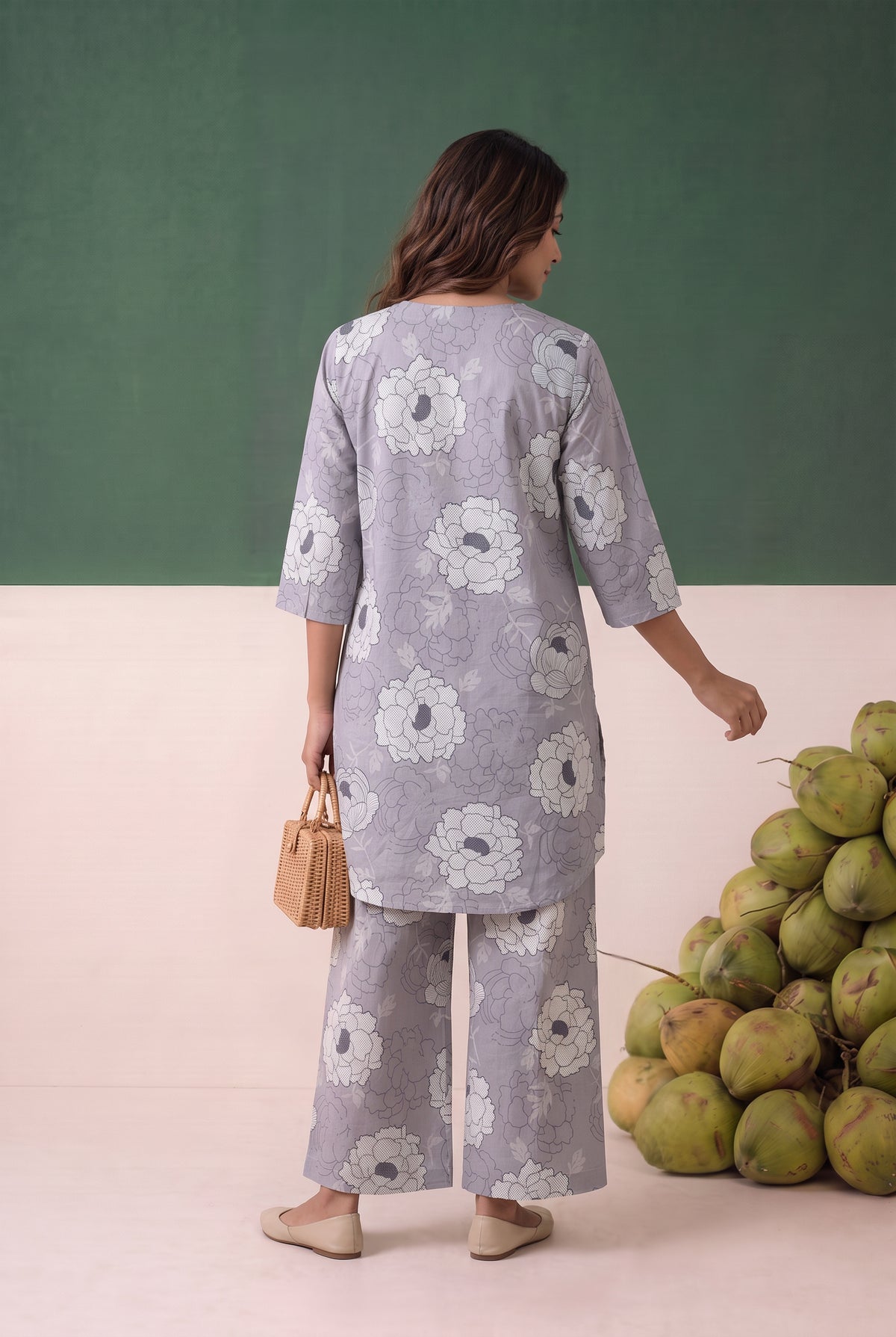 Grey Floral Printed Cotton Co-ord Set