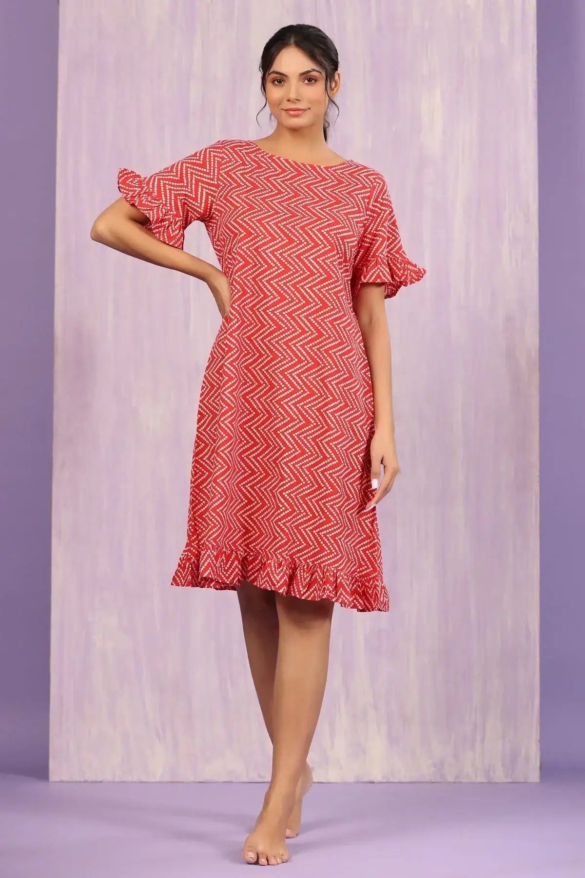 Patterned Bandhej on Red Cotton T-shirt Dress