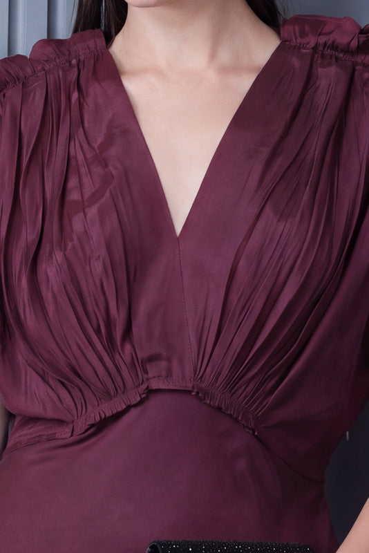 Maroon Solid Ruched Sleeve Russian Silk Midi Dress