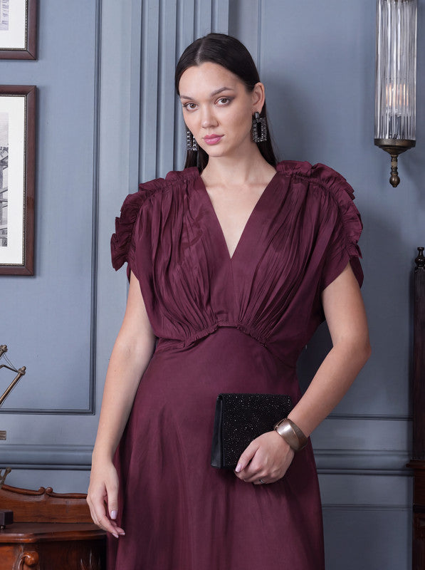 Maroon Solid Ruched Sleeve Russian Silk Midi Dress