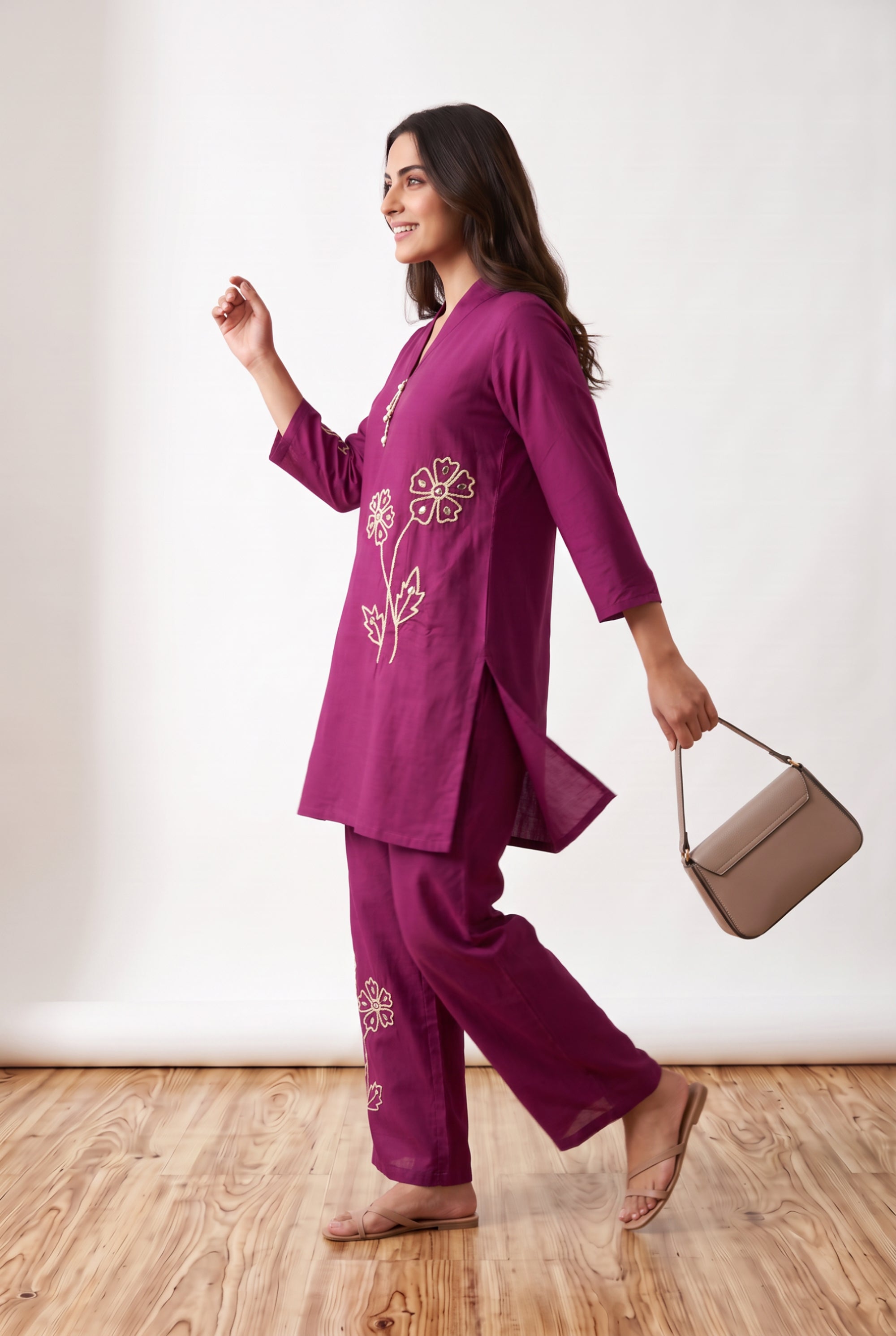 Purple Botanical Hand Embroidered Russian Silk Co-ord Set