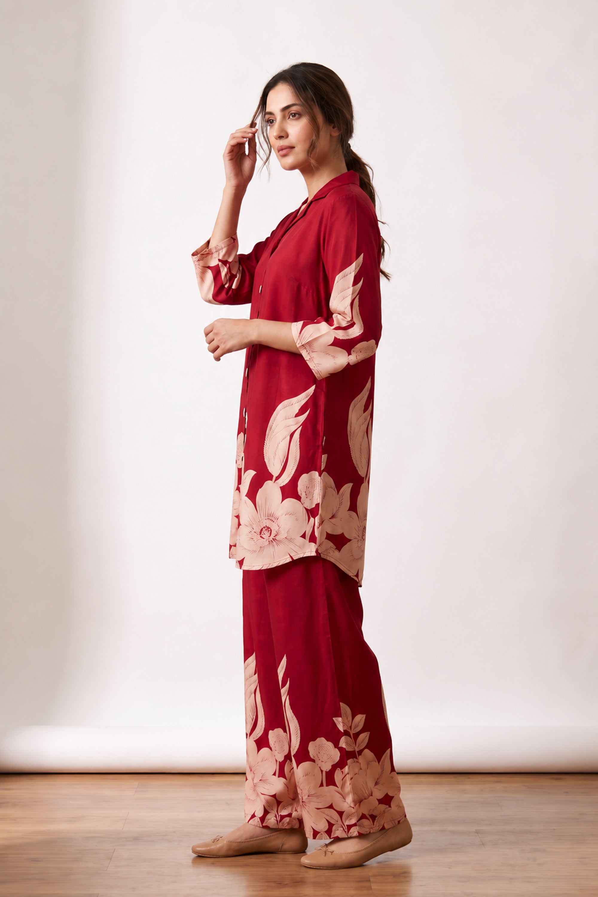 Garden Bloom Floral Hem Printed Russian Silk Co-ord Set