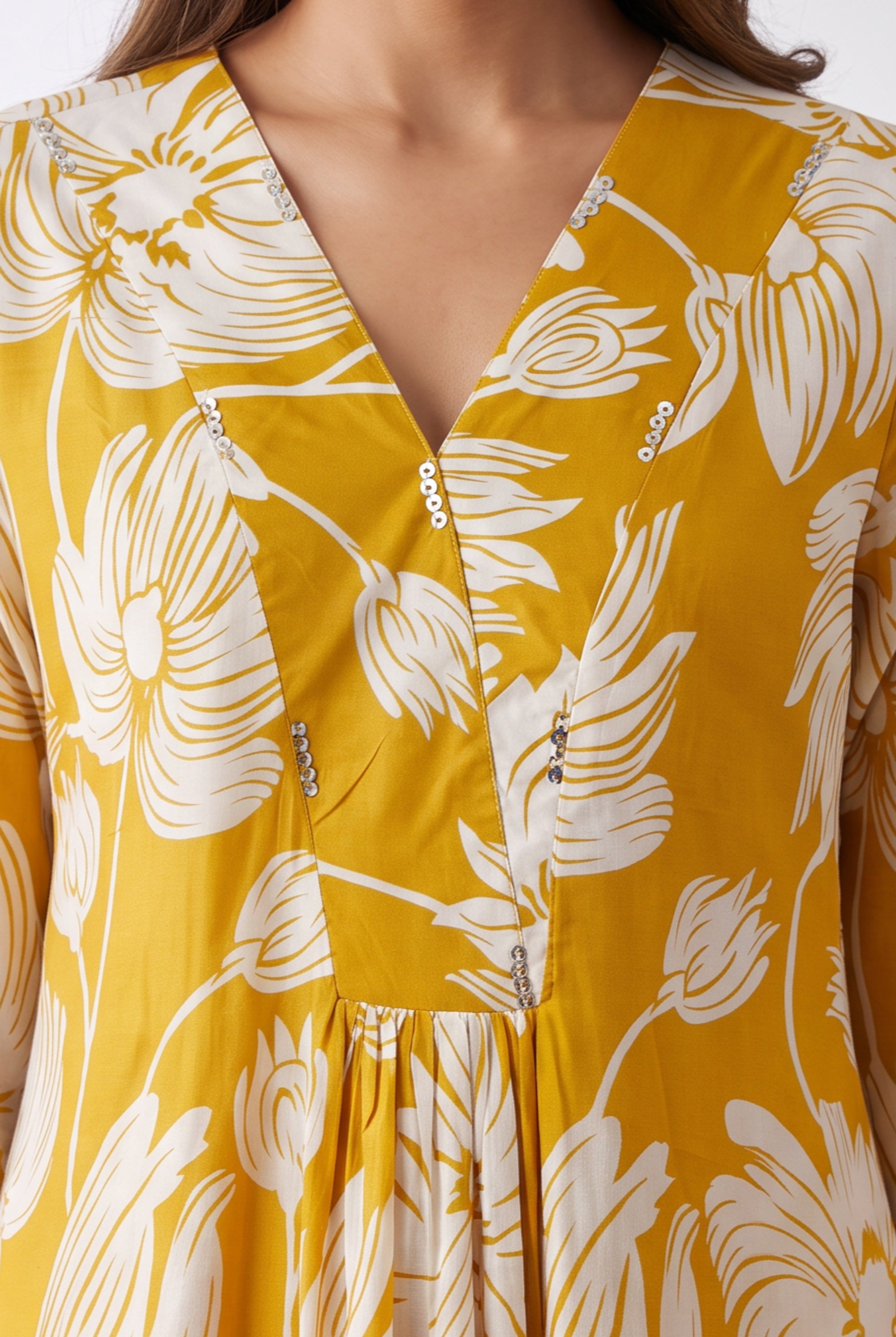 Artistic Floral Printed Flared Russian Silk Dress