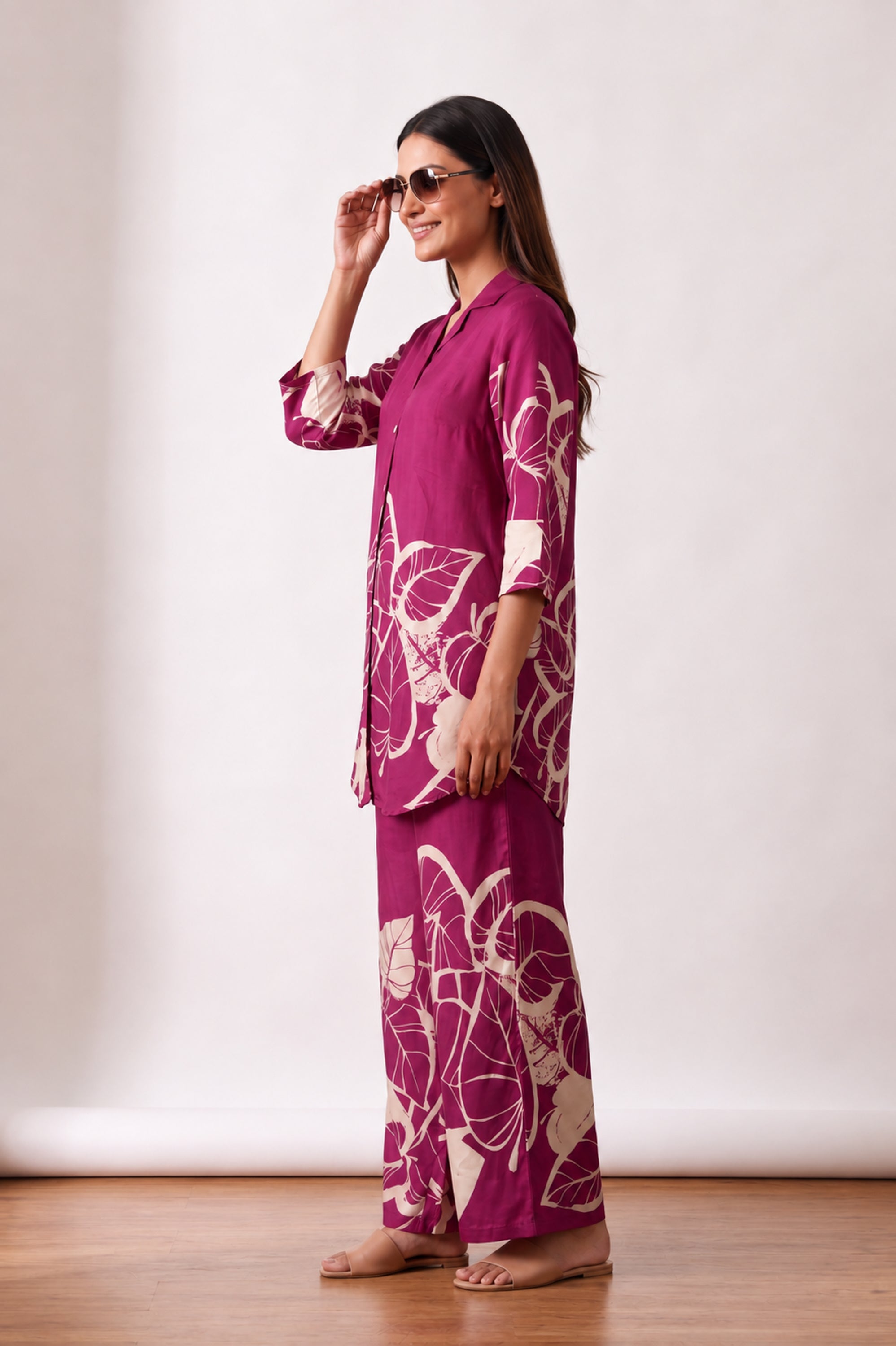 Pink Leafy Floral Printed Russian Silk Co-ord Set