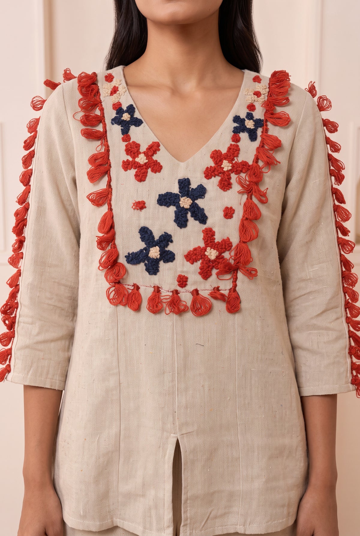 Beige Floral Embroidered Cotton Co-ord Set