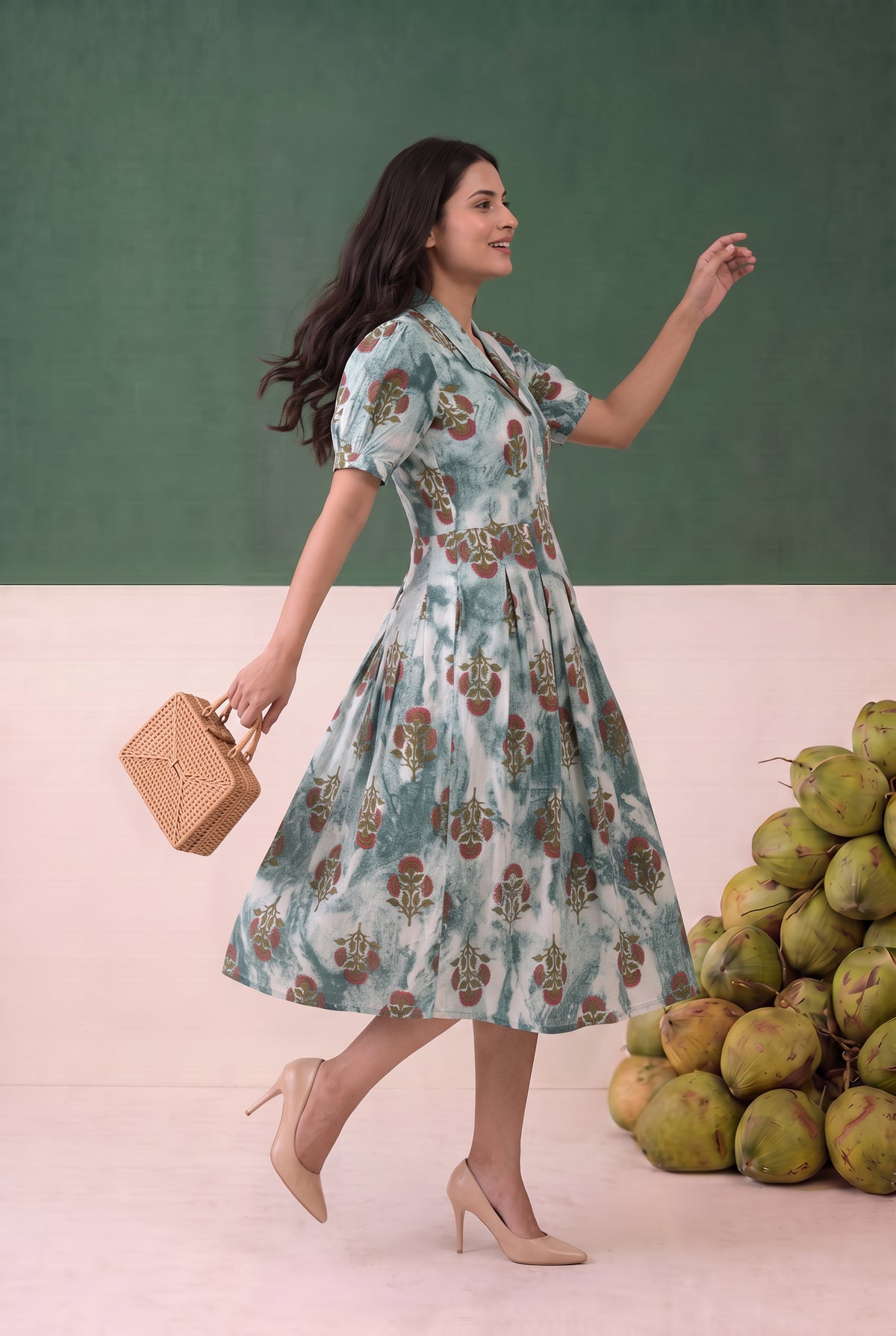 Blue Ethnic Printed Fit and Flare Midi Cotton Dress