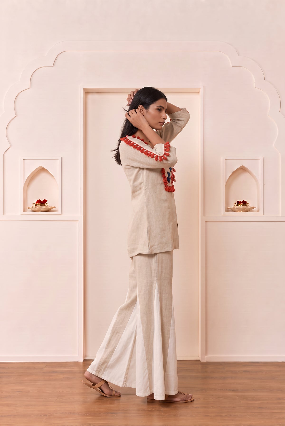 Beige Floral Embroidered Cotton Co-ord Set