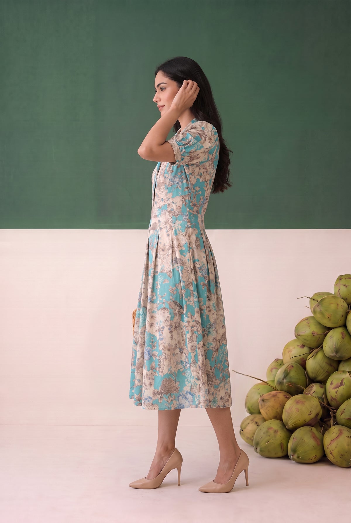 Blue Floral Printed Fit and Flare Midi Cotton Dress