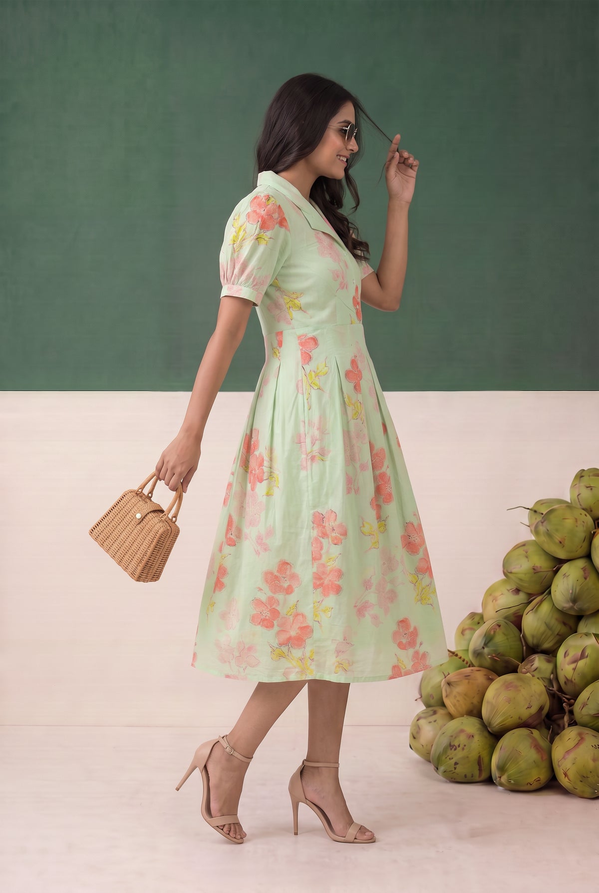 Light Green Floral Printed Fit and Flare Midi Cotton Dress
