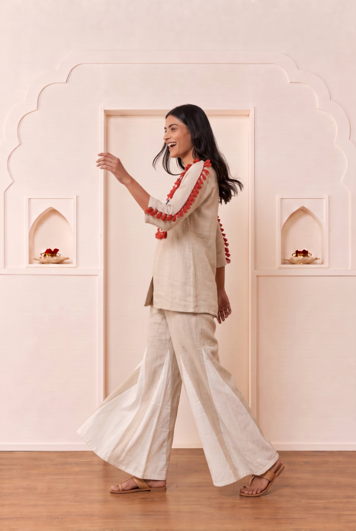 Beige Floral Embroidered Cotton Co-ord Set