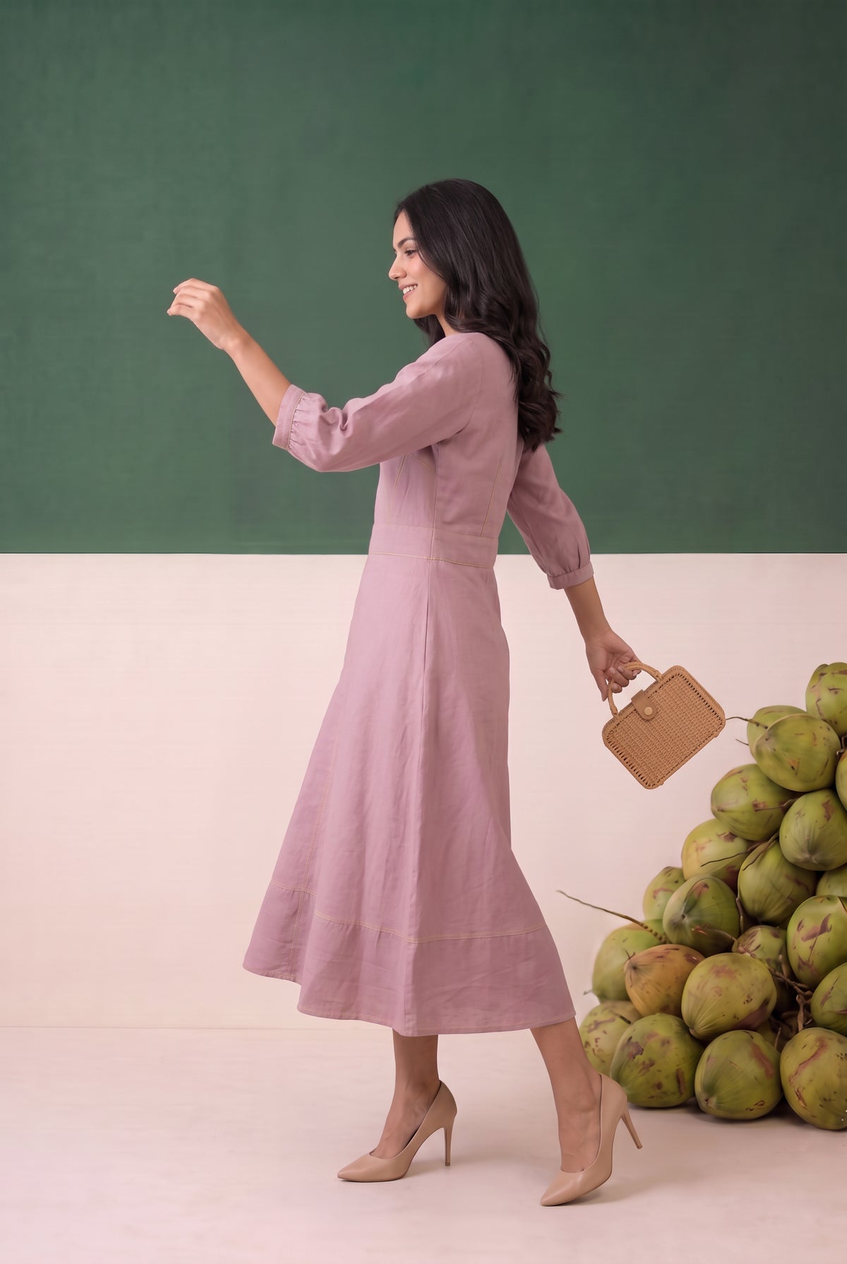 Onion Pink Solid A-Line Midi Cotton Dress with Contrast Stitching