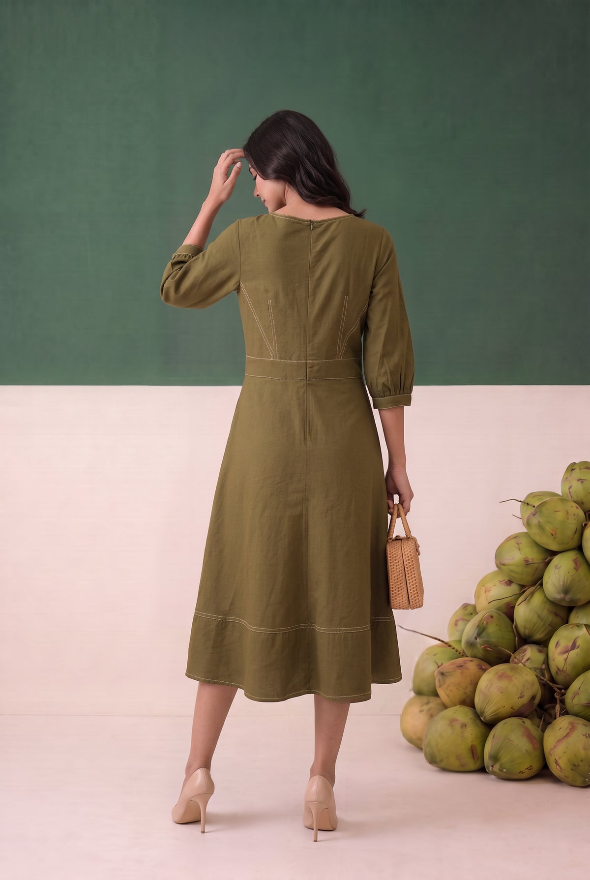 Olive Green Solid A-Line Midi Cotton Flex Dress with Contrast Stitching