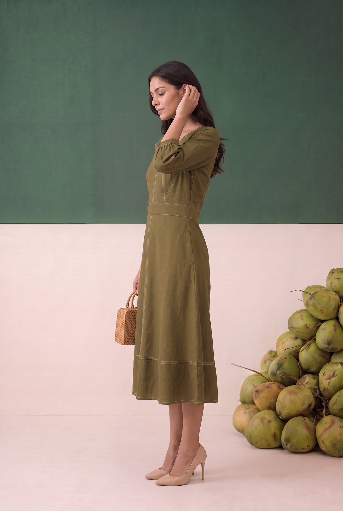Olive Green Solid A-Line Midi Cotton Flex Dress with Contrast Stitching