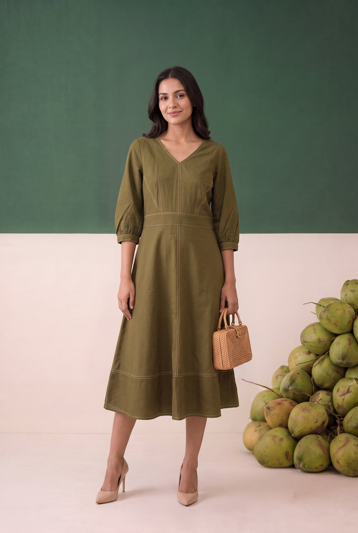 Olive Green Solid A-Line Midi Cotton Flex Dress with Contrast Stitching