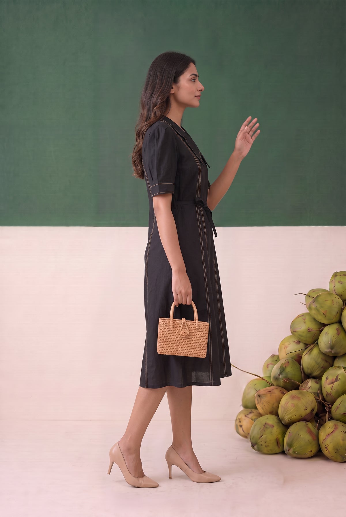 Black Solid Midi Cotton Dress with Waist Tie Belt Contrast Stitching