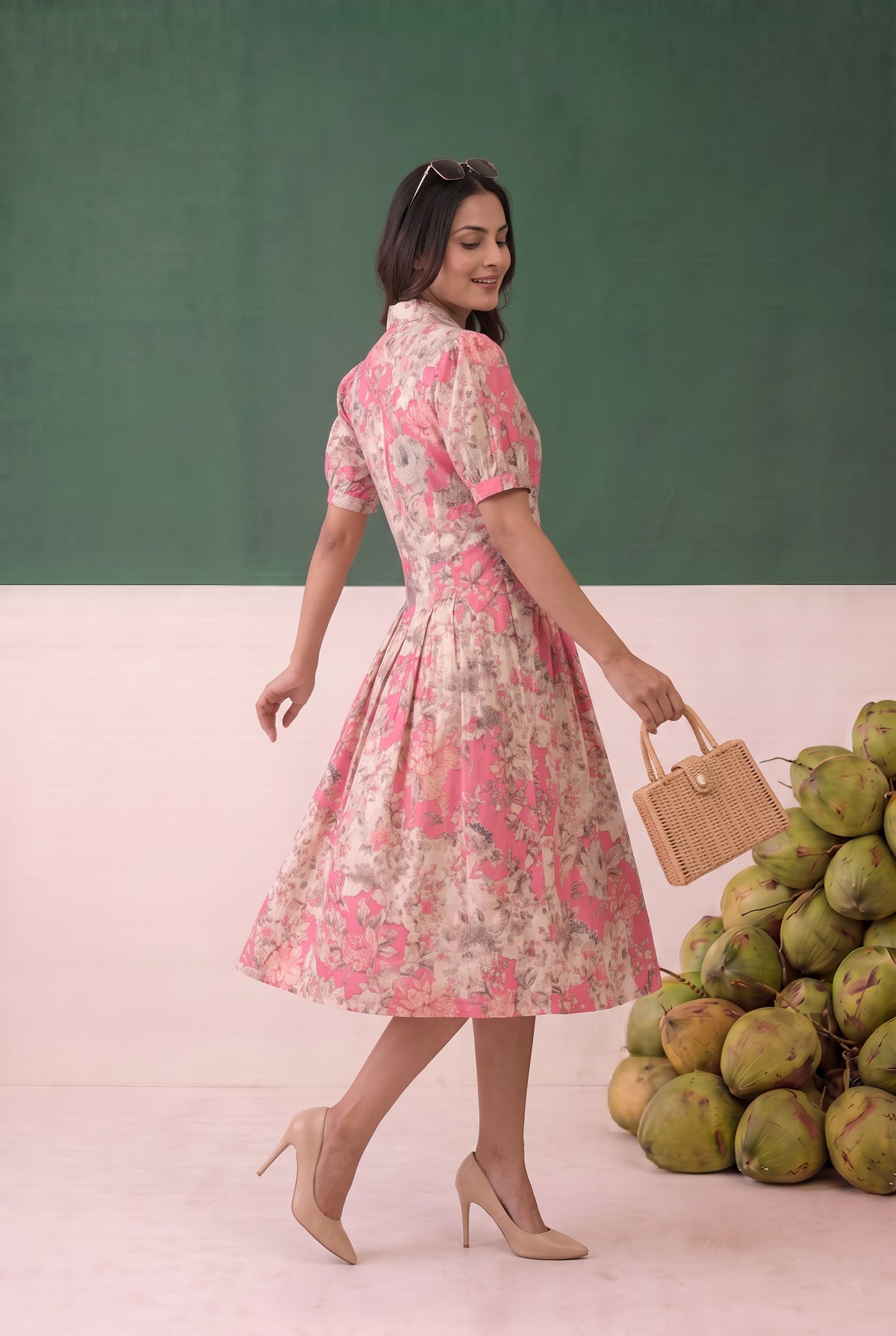 Pink Floral Printed Fit and Flare Puff Sleeve Midi Cotton Dress