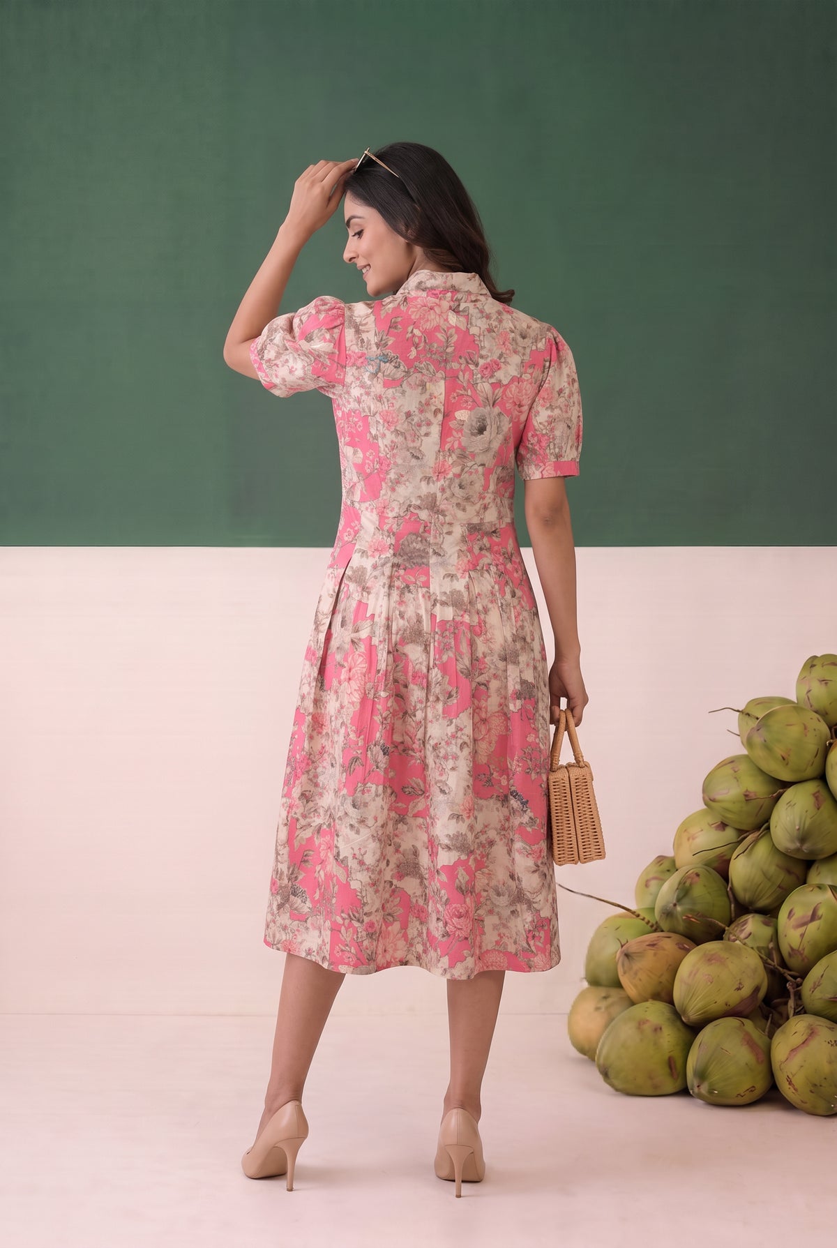 Pink Floral Printed Fit and Flare Puff Sleeve Midi Cotton Dress