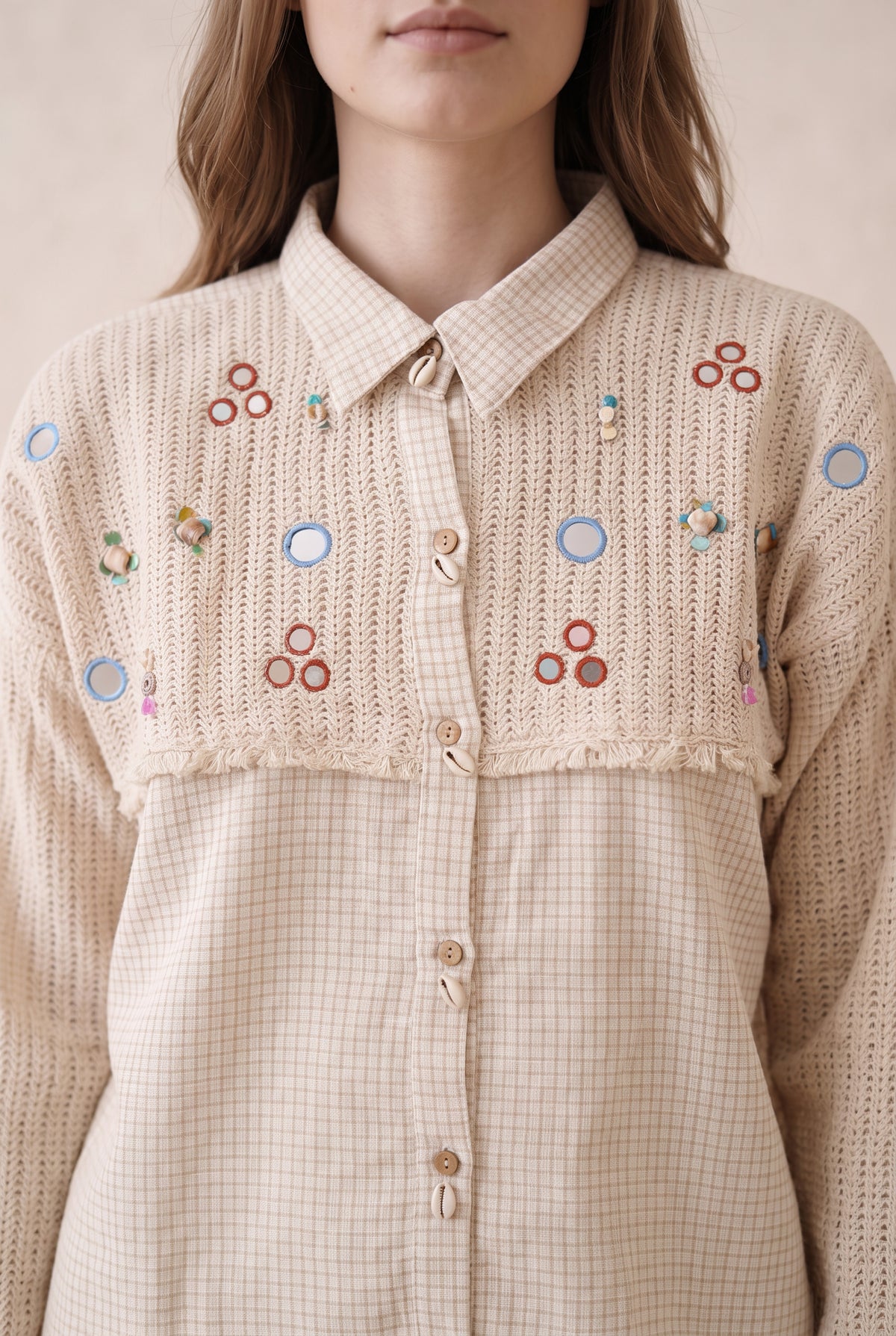 Gingham Cotton Off- White Embroidered Co-ord Set