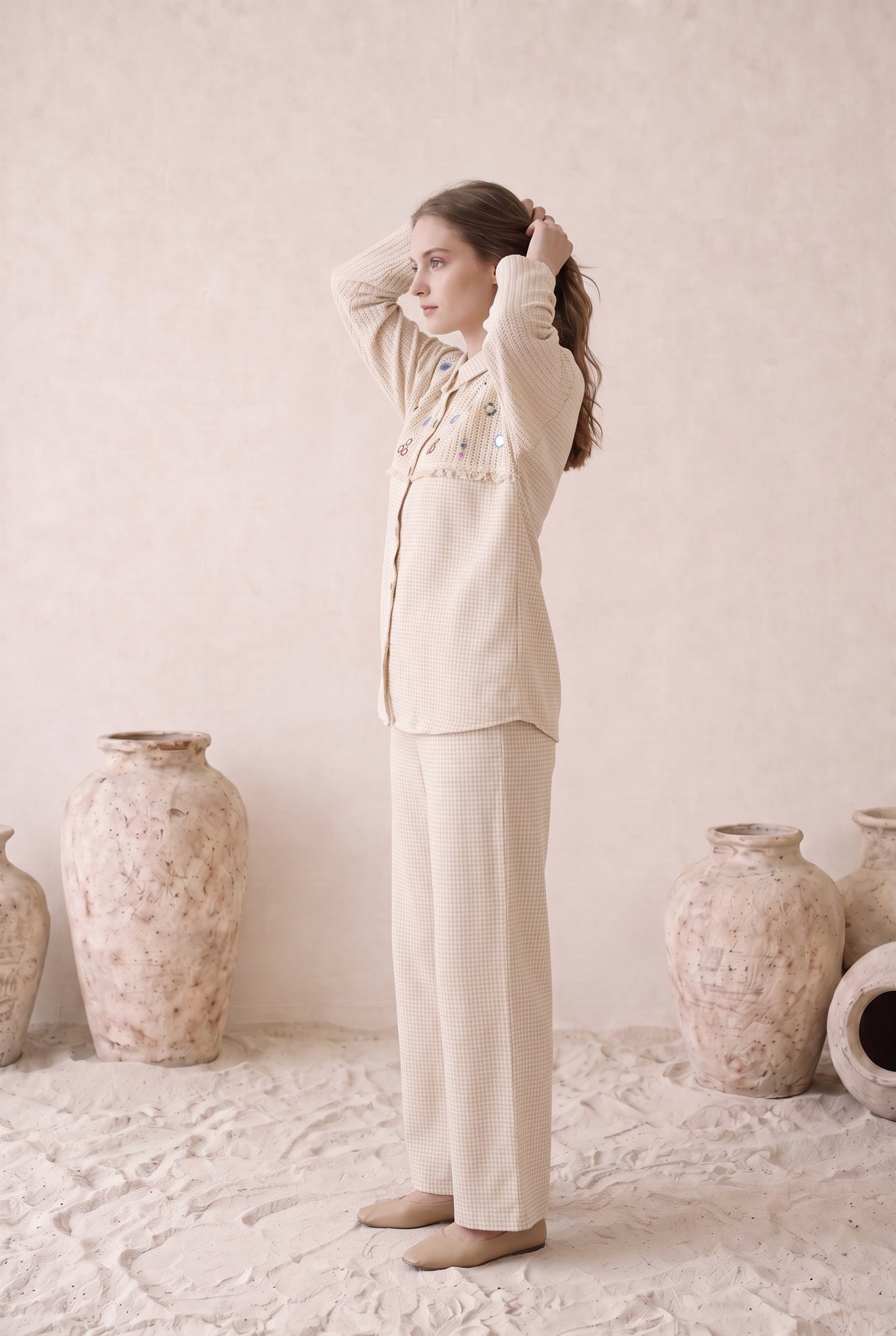 Gingham Cotton Off- White Embroidered Co-ord Set