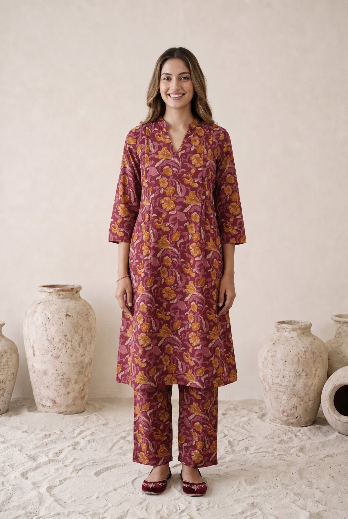 Wine Maroon Floral Printed Cotton Kurta Set