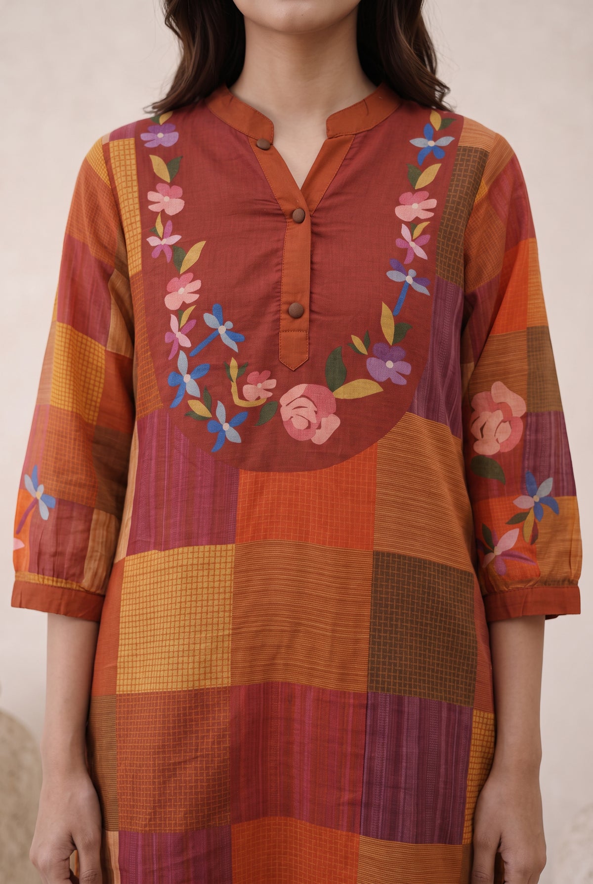 Art Patchwork Red Cotton Kurta Set