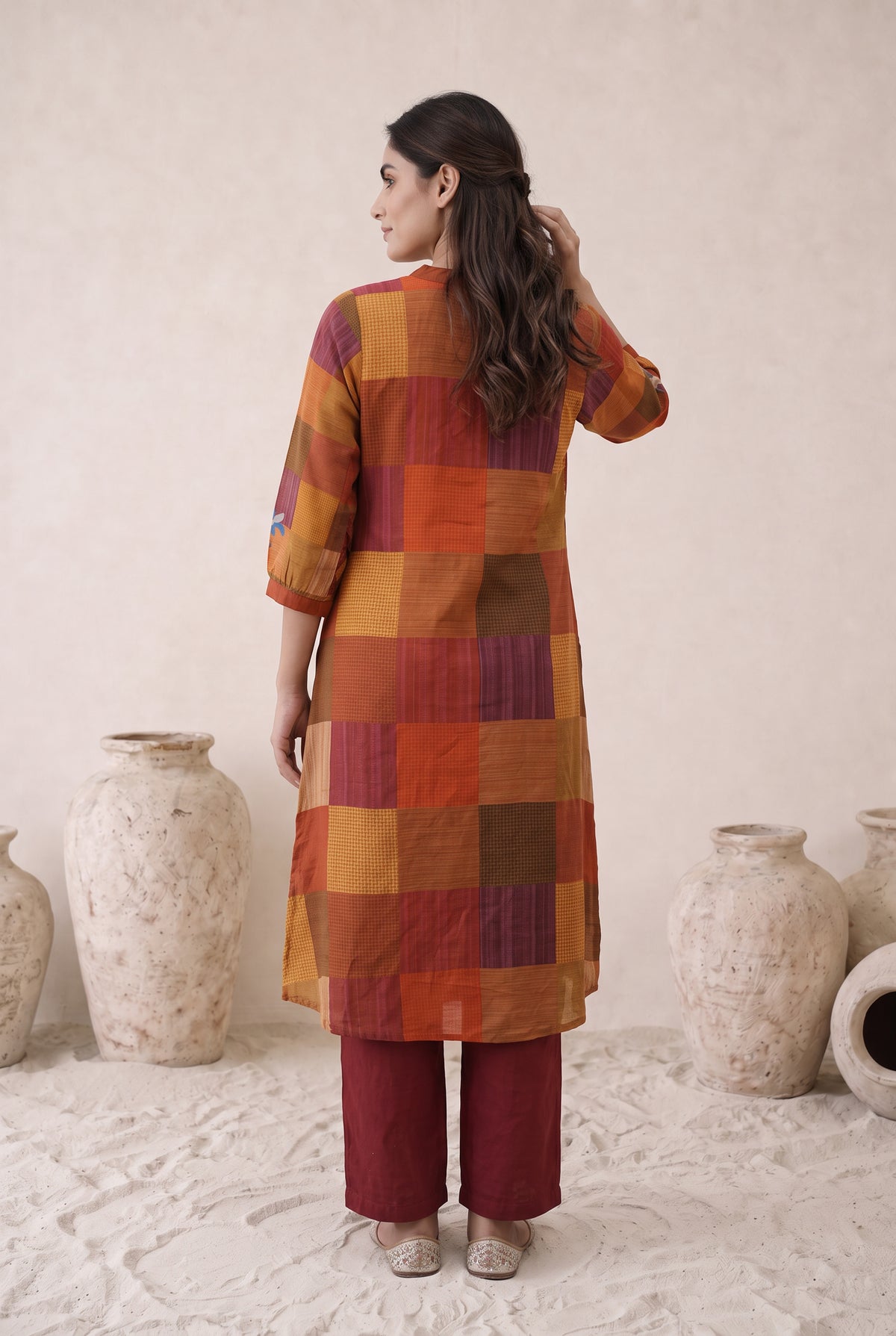 Art Patchwork Red Cotton Kurta Set