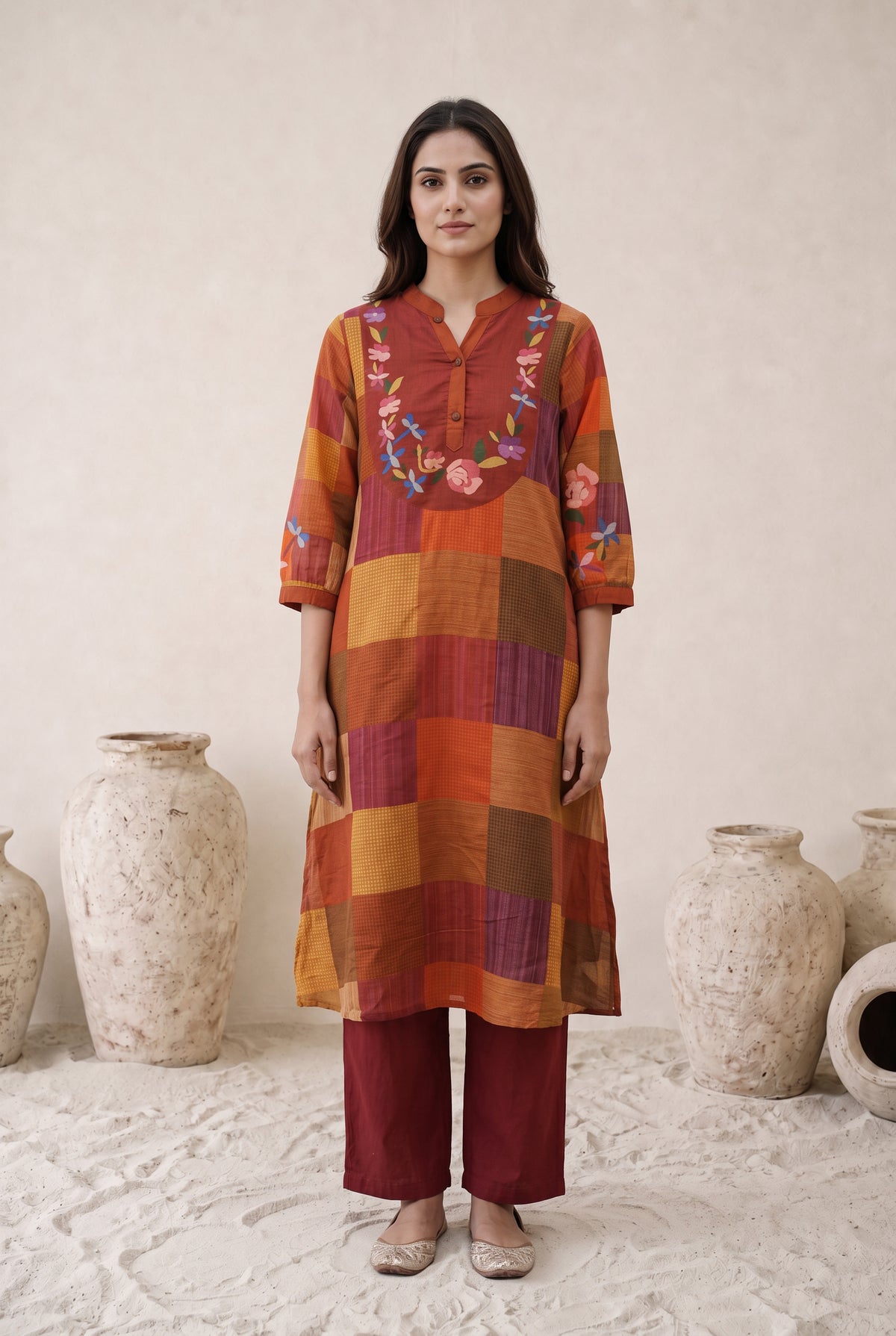 Art Patchwork Red Cotton Kurta Set