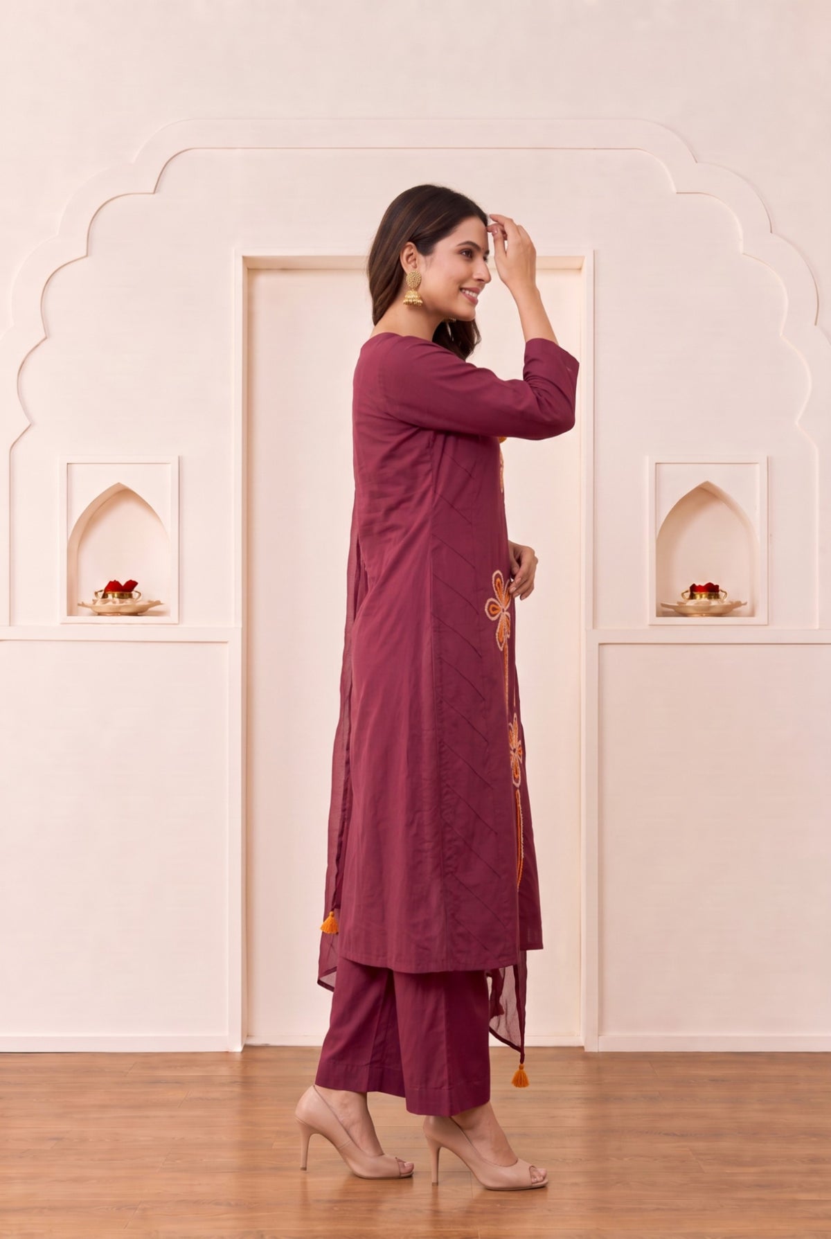 Maroon Floral Embroidered Cotton Kurta Set with Dupatta