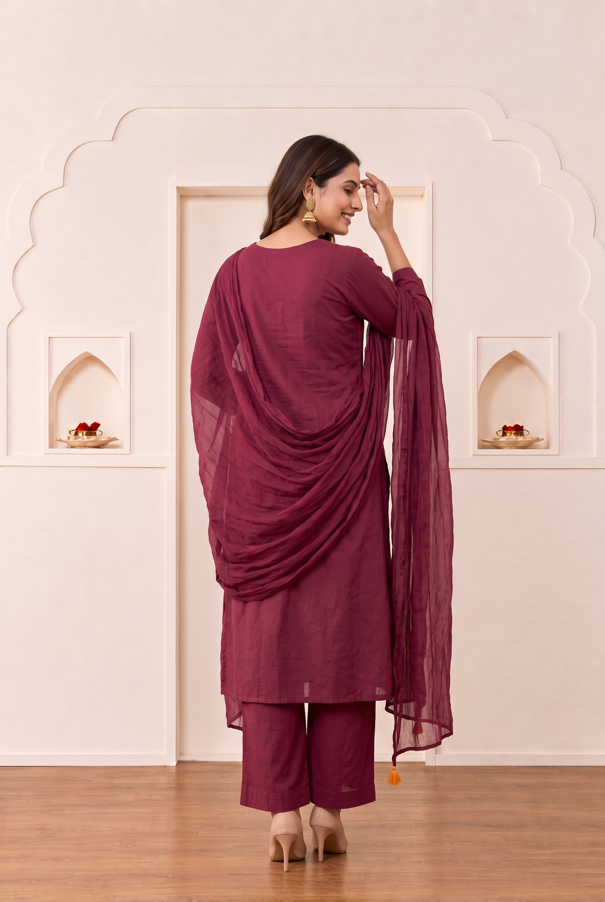 Maroon Floral Embroidered Cotton Kurta Set with Dupatta