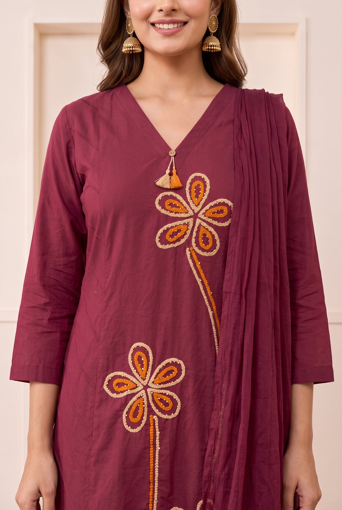 Maroon Floral Embroidered Cotton Kurta Set with Dupatta