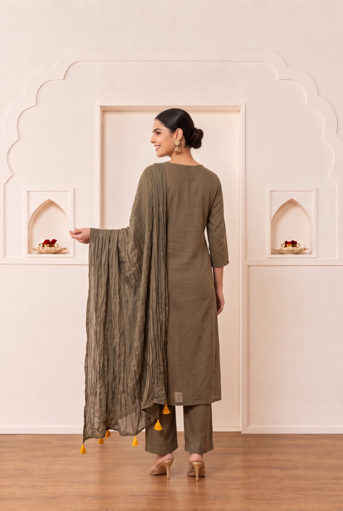 Brown Floral Leaf Embroidered Cotton Kurta Set with Dupatta