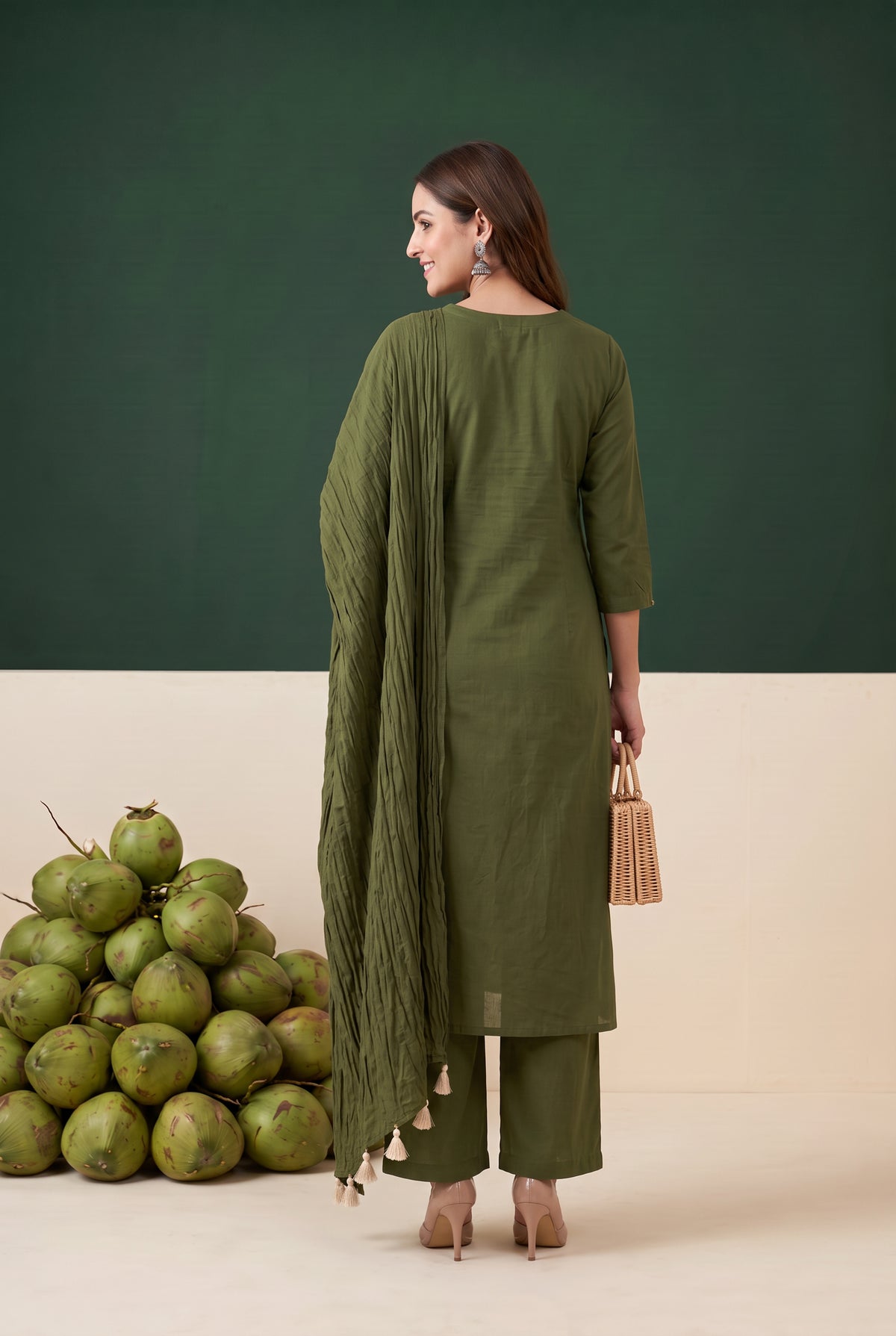 Olive Green Floral Embroidered Cotton Kurta Set with Dupatta