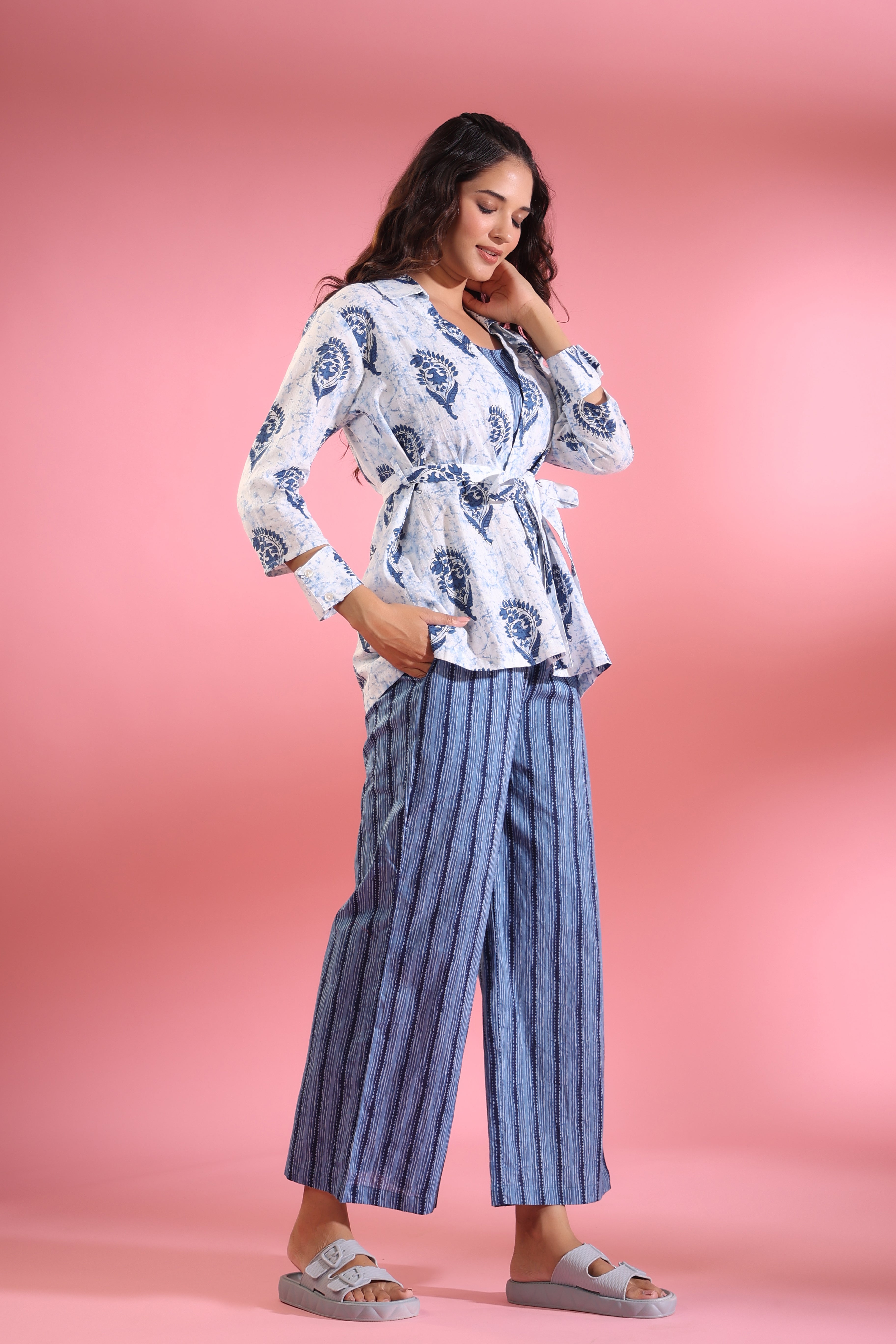 Parallel Lines with Traditional White Booti Shrug Cotton Three Piece Co-ord Set