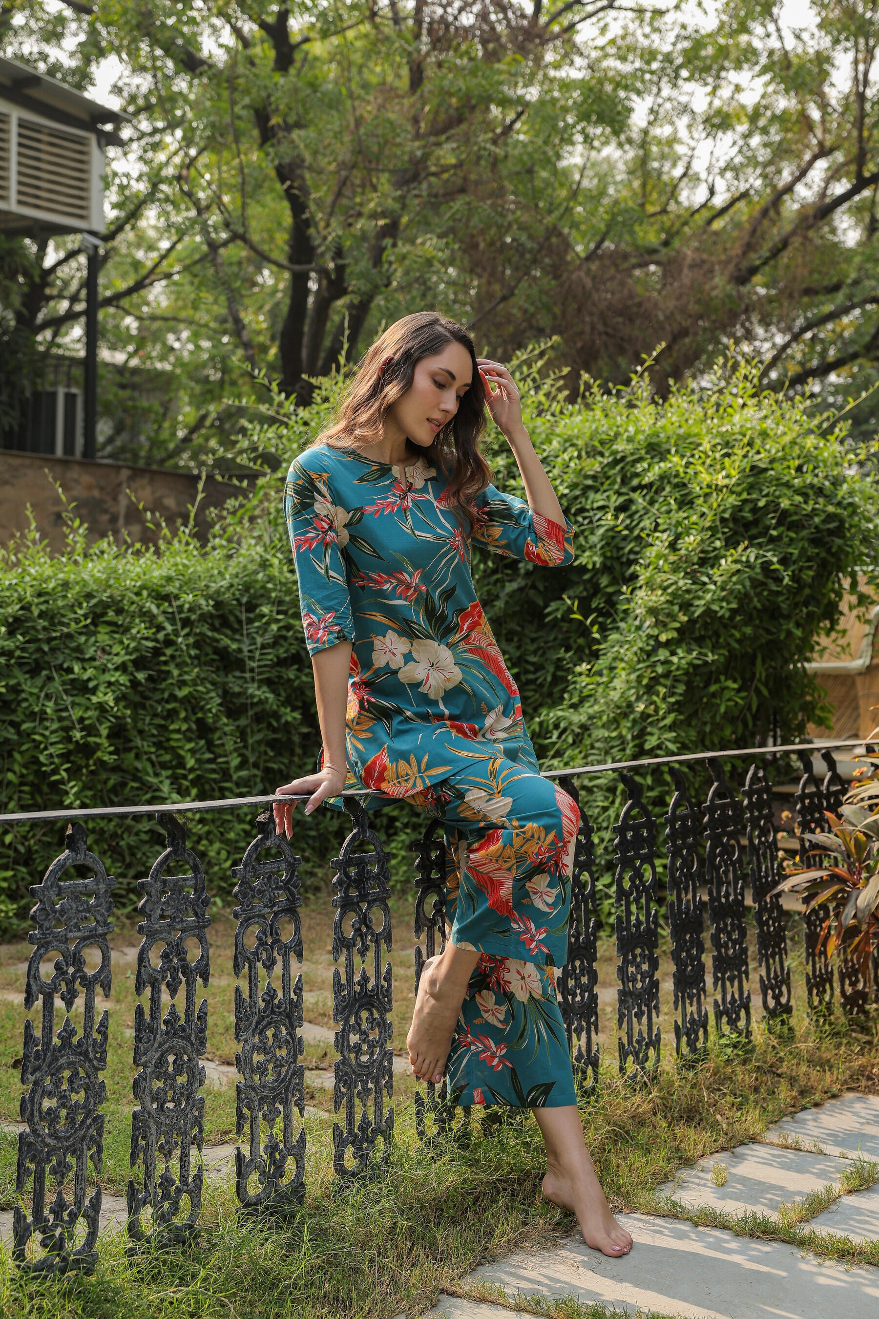 Teal Tranquility on Cotton Palazzo Loungewear Set