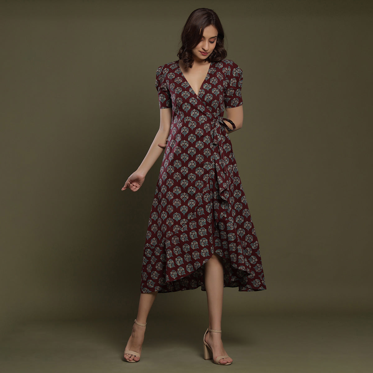 Aloha Mora on Maroon Wrap-around Dress Jisora Jaipur