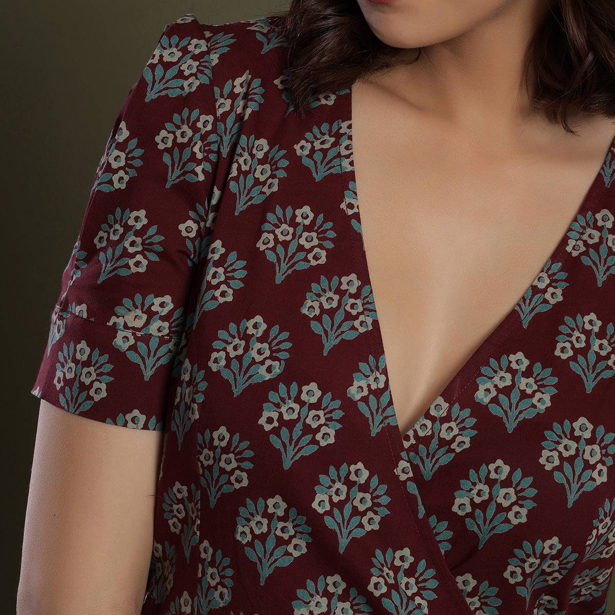 Aloha Mora on Maroon Wrap-around Dress Jisora Jaipur