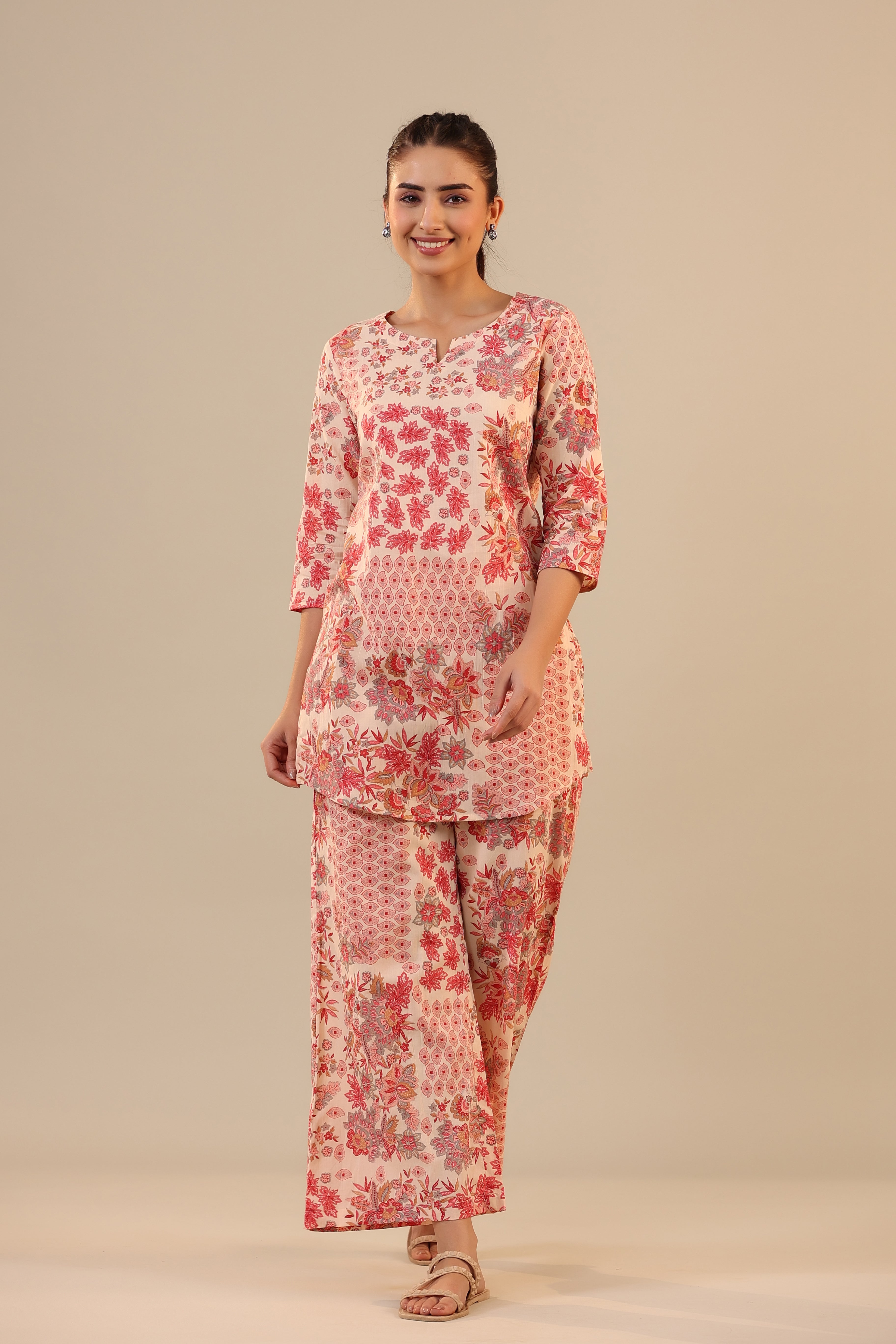 Patterned Florals on Pink Cotton Palazzo Loungewear Set