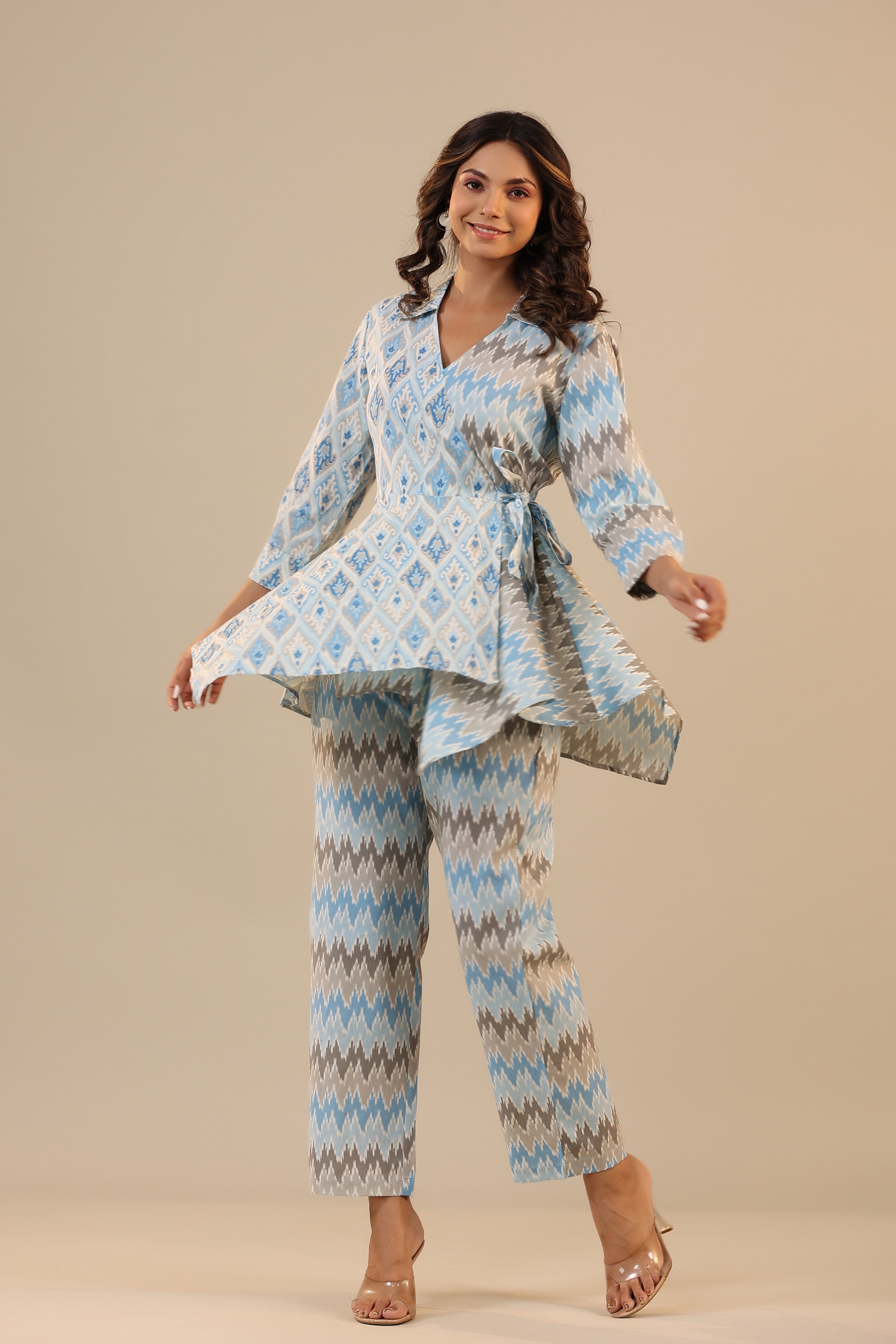Blue Ikat Knot Cotton Flex Co-ord Set