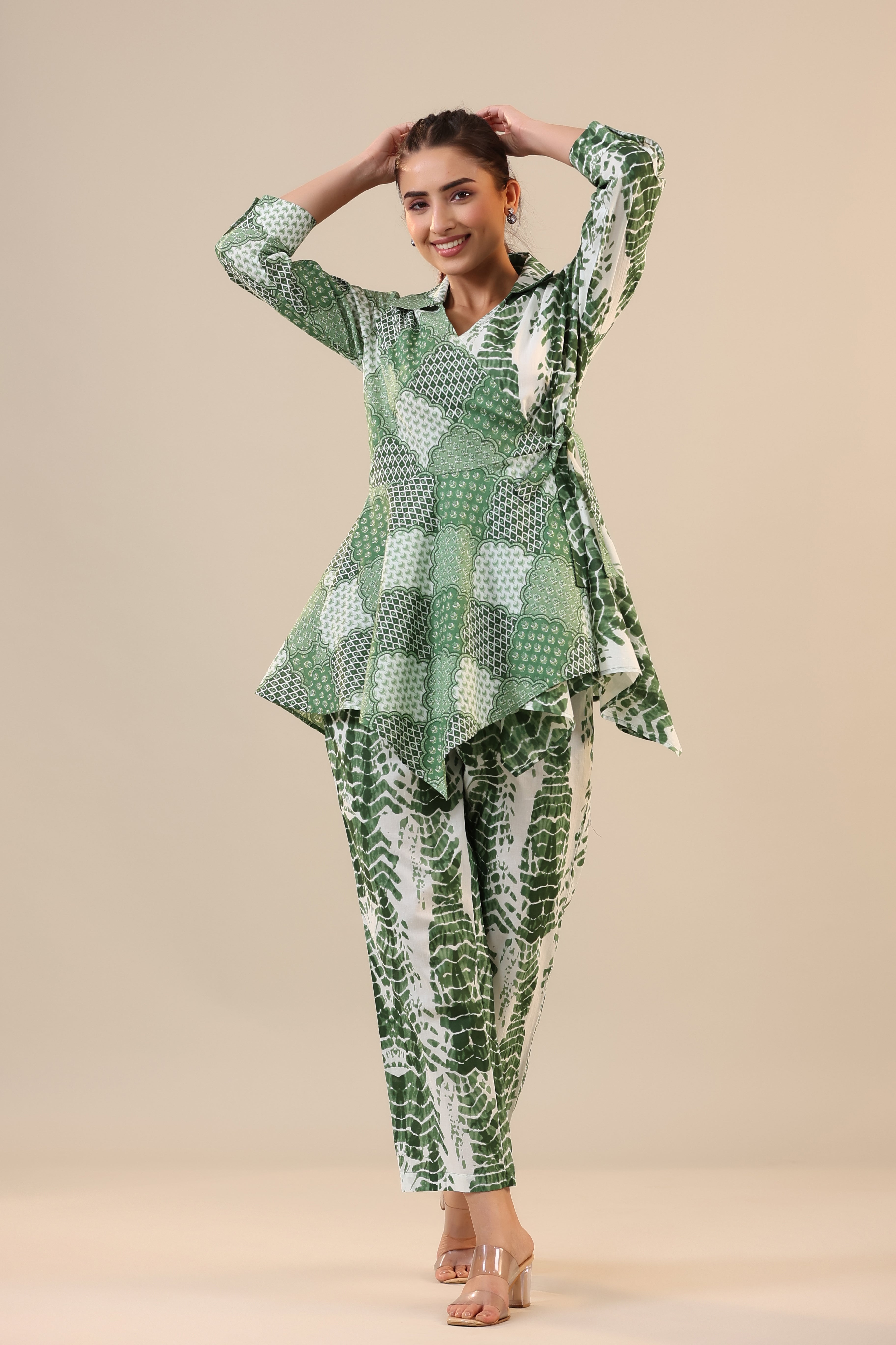 Green abstract Shibori Knot Cotton Co-ord Set