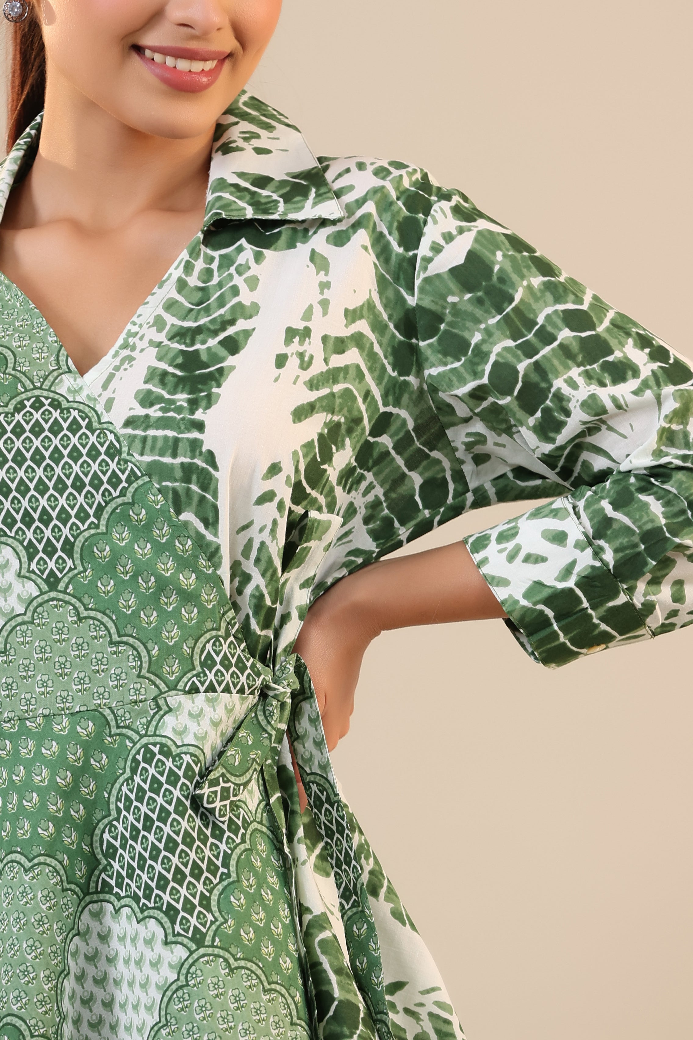 Green abstract Shibori Knot Cotton Loungewear Set