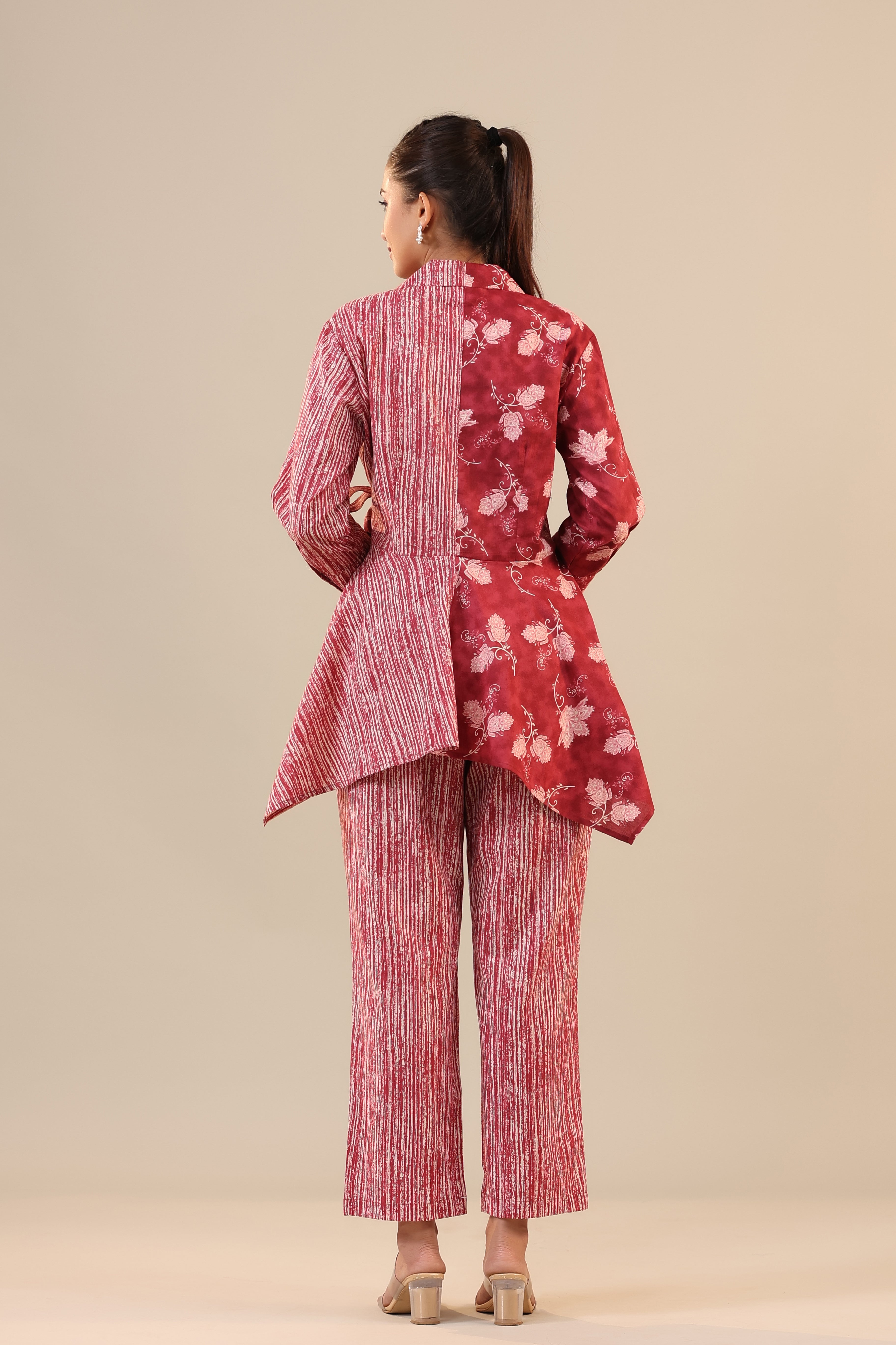 Stripes with Florals on Red Knot Cotton Co-ord Set